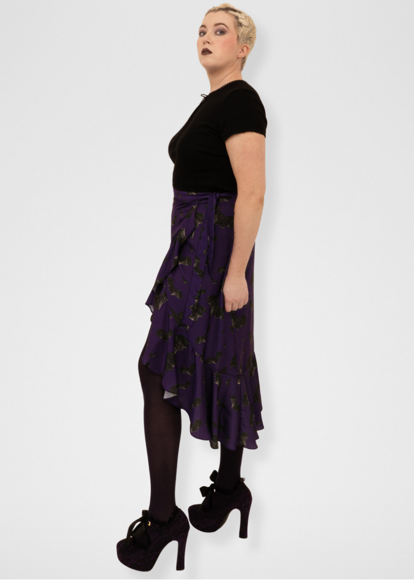Bats Ruffle Midi Wrap Skirt - Dark Purple