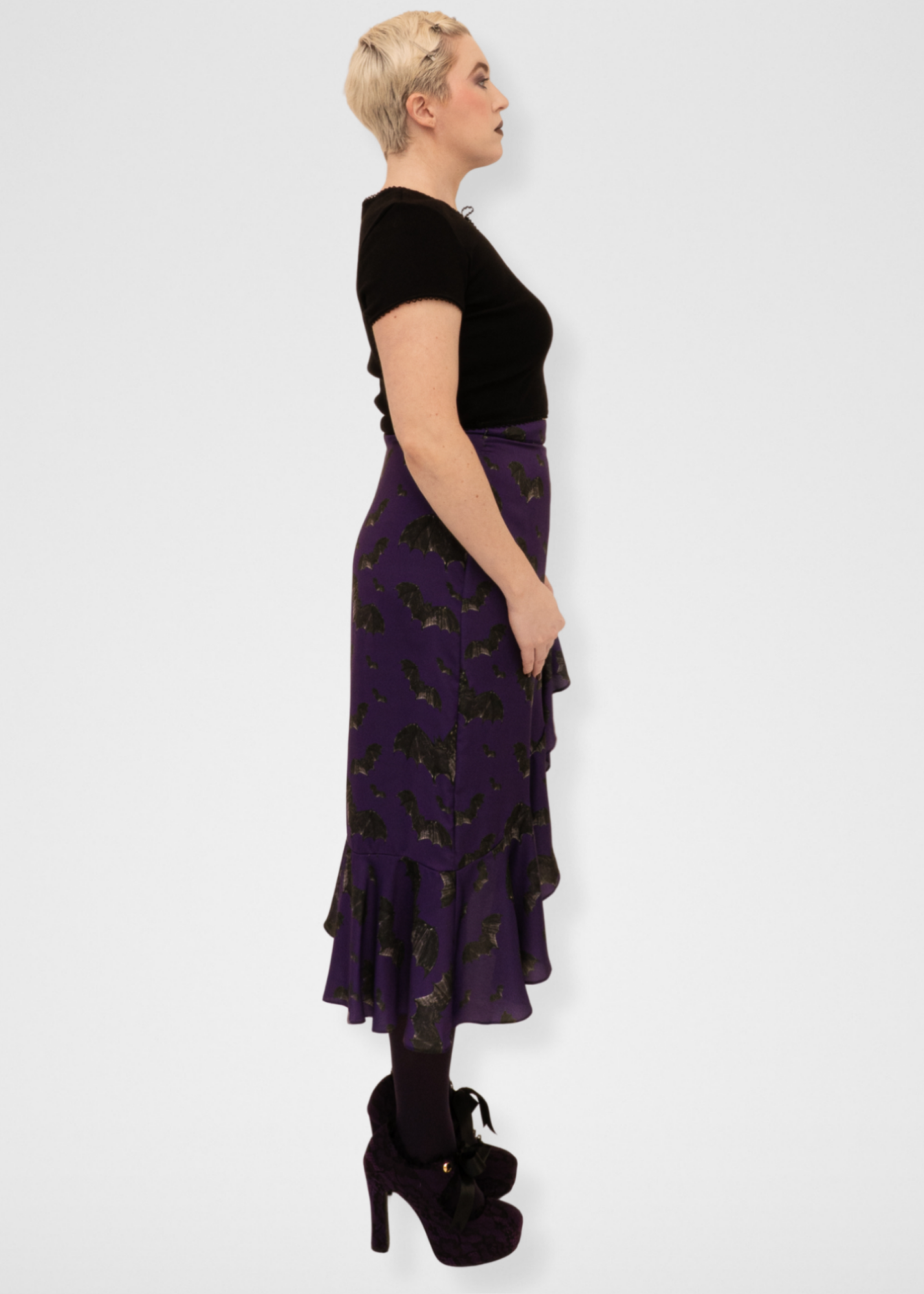 Bats Ruffle Midi Wrap Skirt - Dark Purple