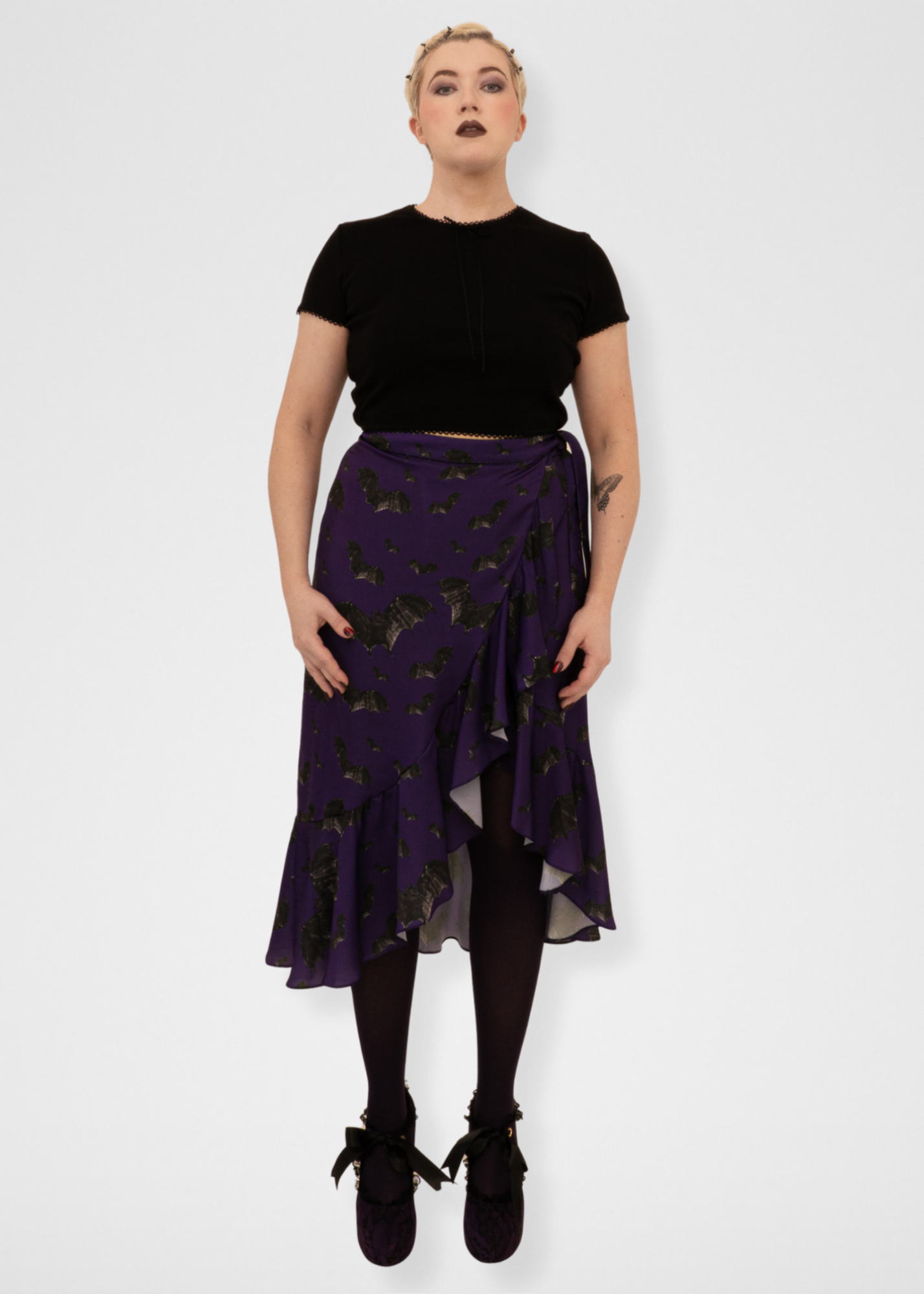Bats Ruffle Midi Wrap Skirt - Dark Purple