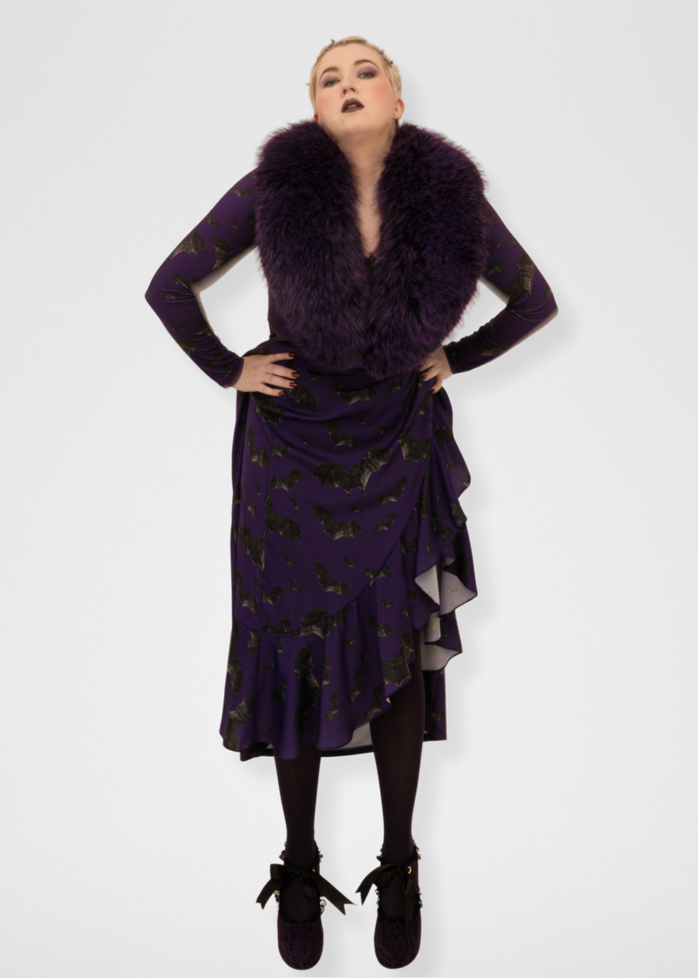Bats Ruffle Midi Wrap Skirt - Dark Purple