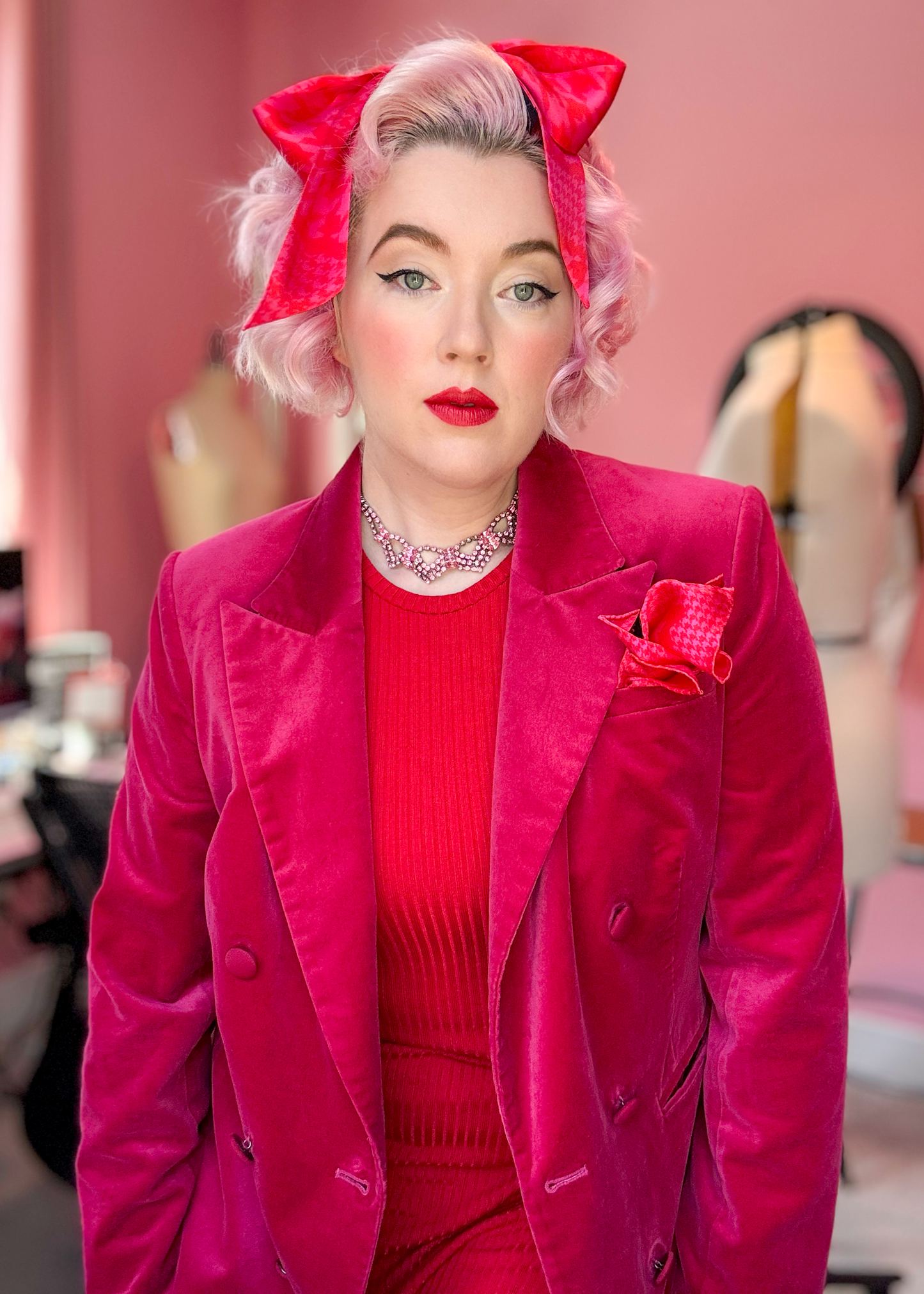 Mad Houndstooth Silk Satin Pocket Square - Pink And Red 13th Anniversary Limited Edition