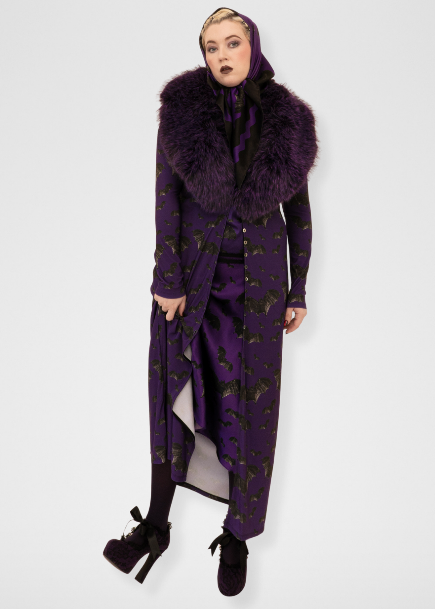 Bats Silk Midi Slip Skirt - Dark Purple