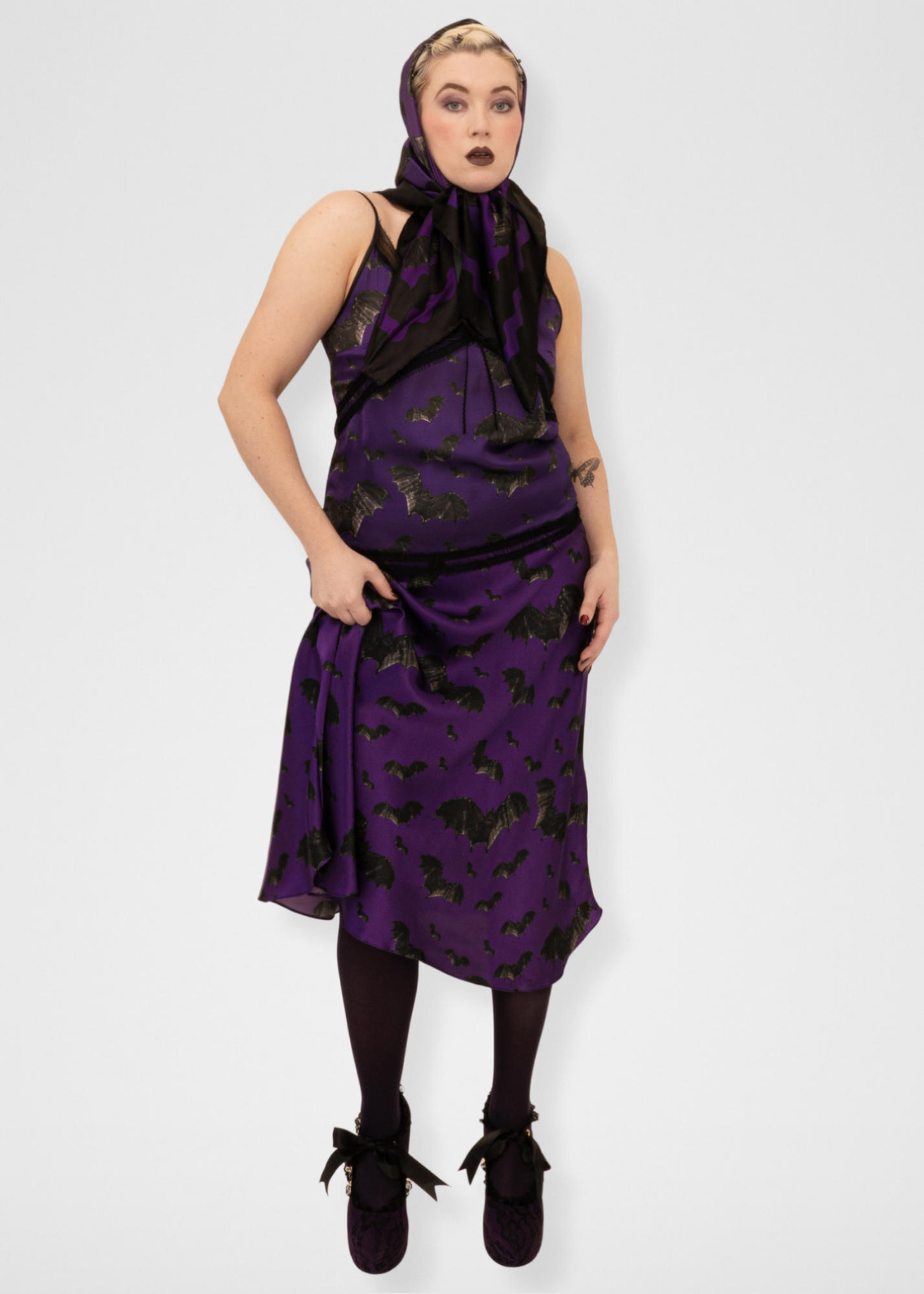 Bats Silk Midi Slip Skirt - Dark Purple