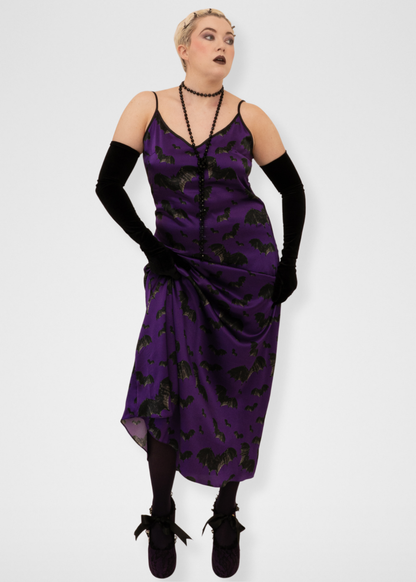 Bats Silk Maxi Slip Dress - Dark Purple