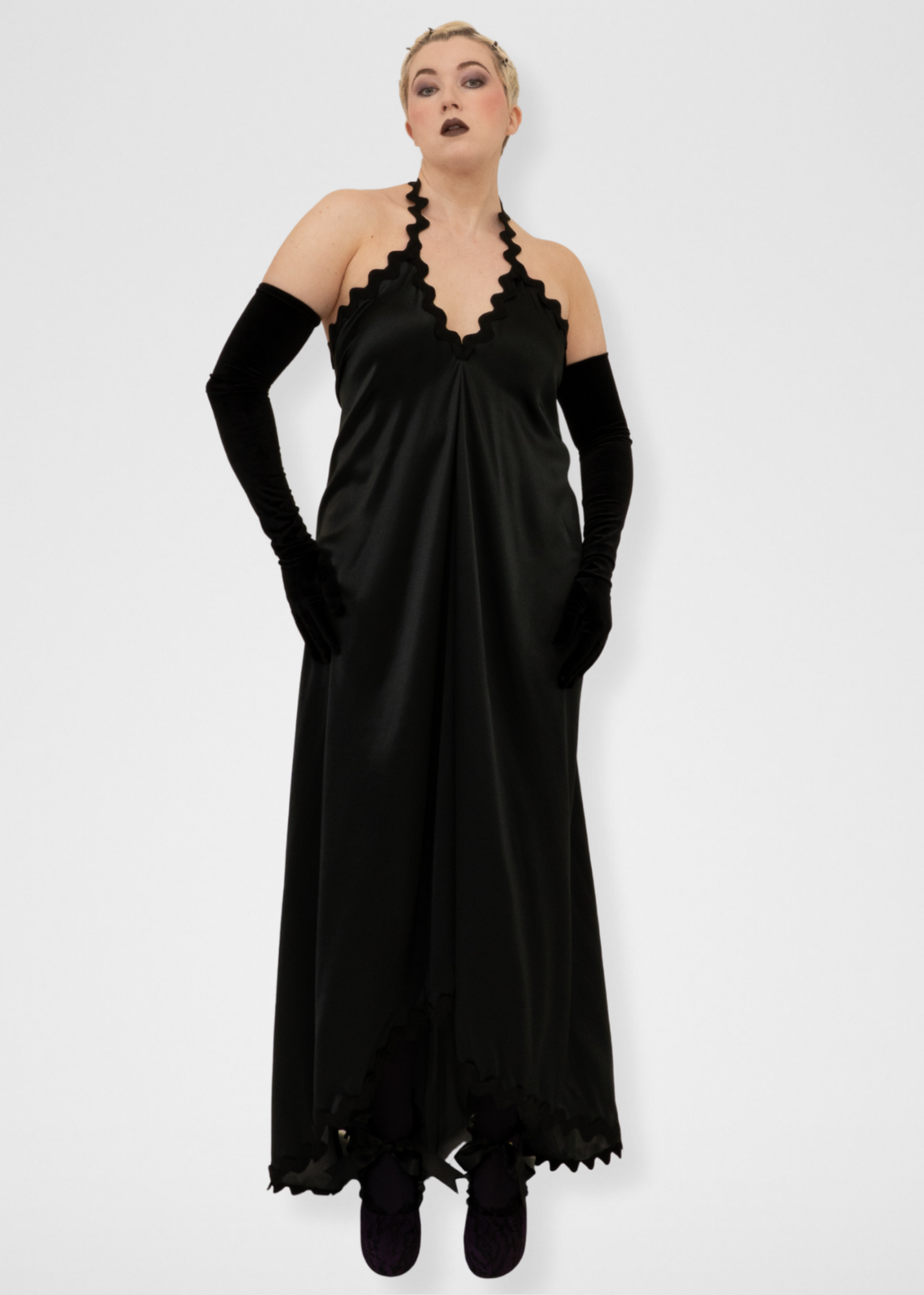 Silk Halter Gown Ric Rac Dress - Black