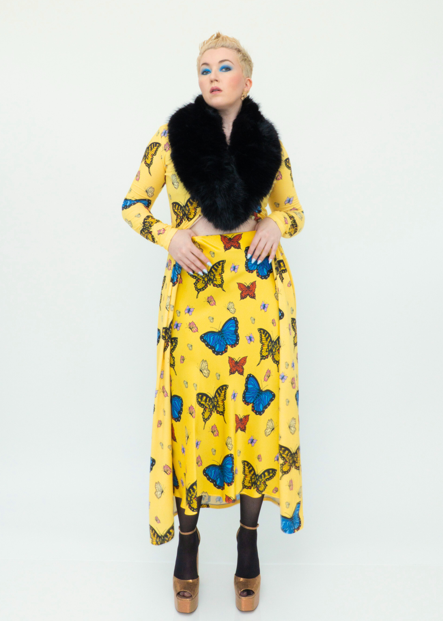 Butterflies Silk Midi Slip Skirt - Yellow