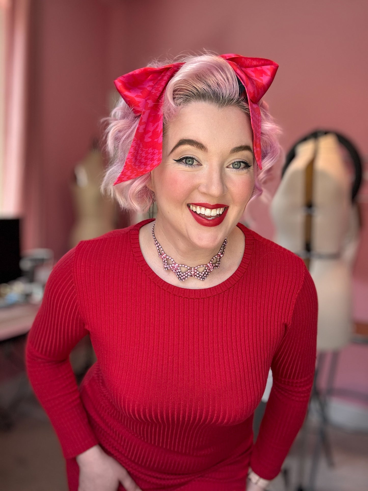 Mad Houndstooth Silk Satin Twilly Ribbon Scarf - Pink And Red 13th Anniversary Limited Edition