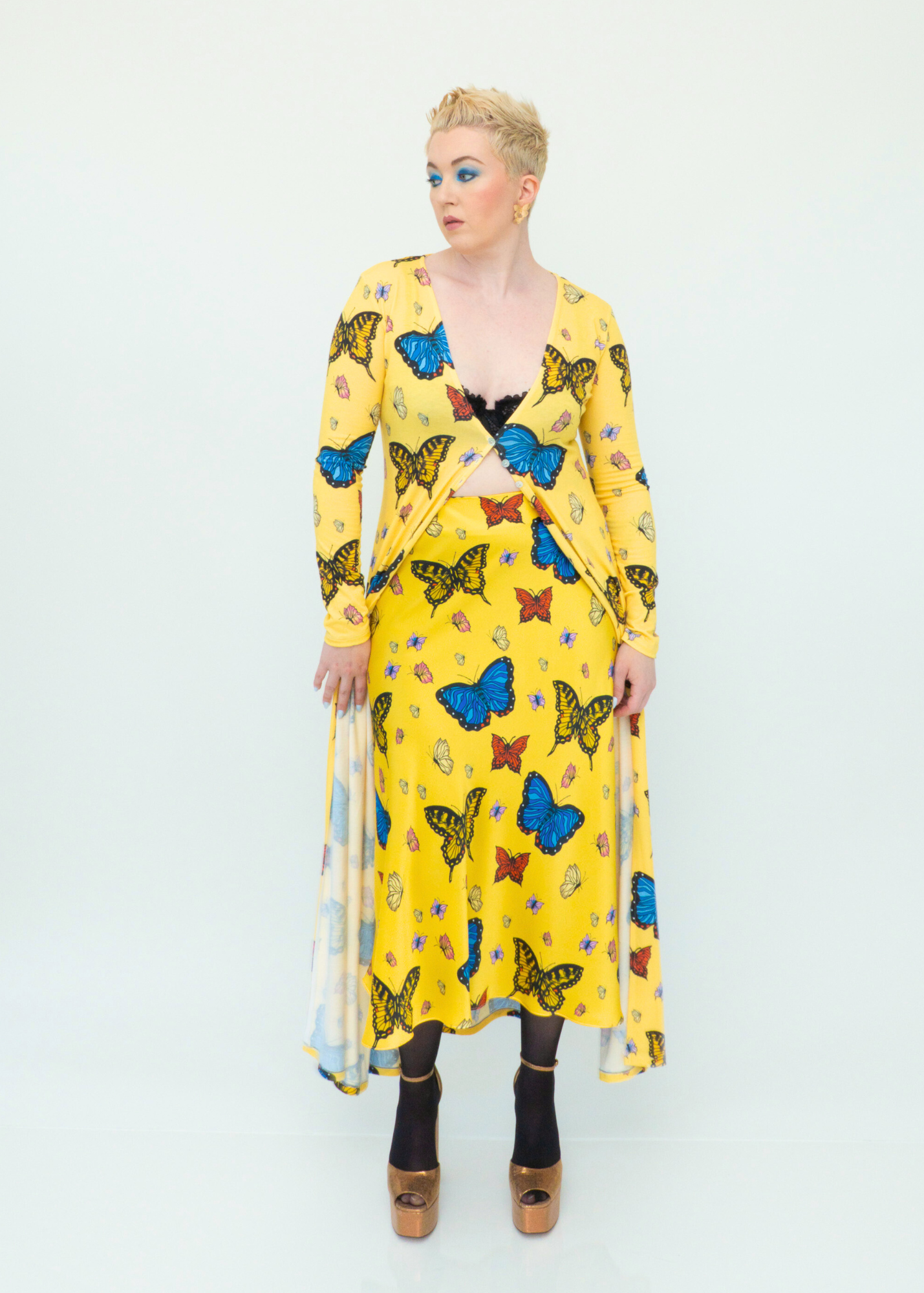 Butterflies Silk Midi Slip Skirt - Yellow