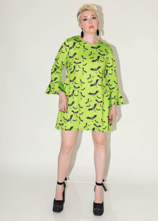 The Batty Shift Dress - Neon Green Bat Print