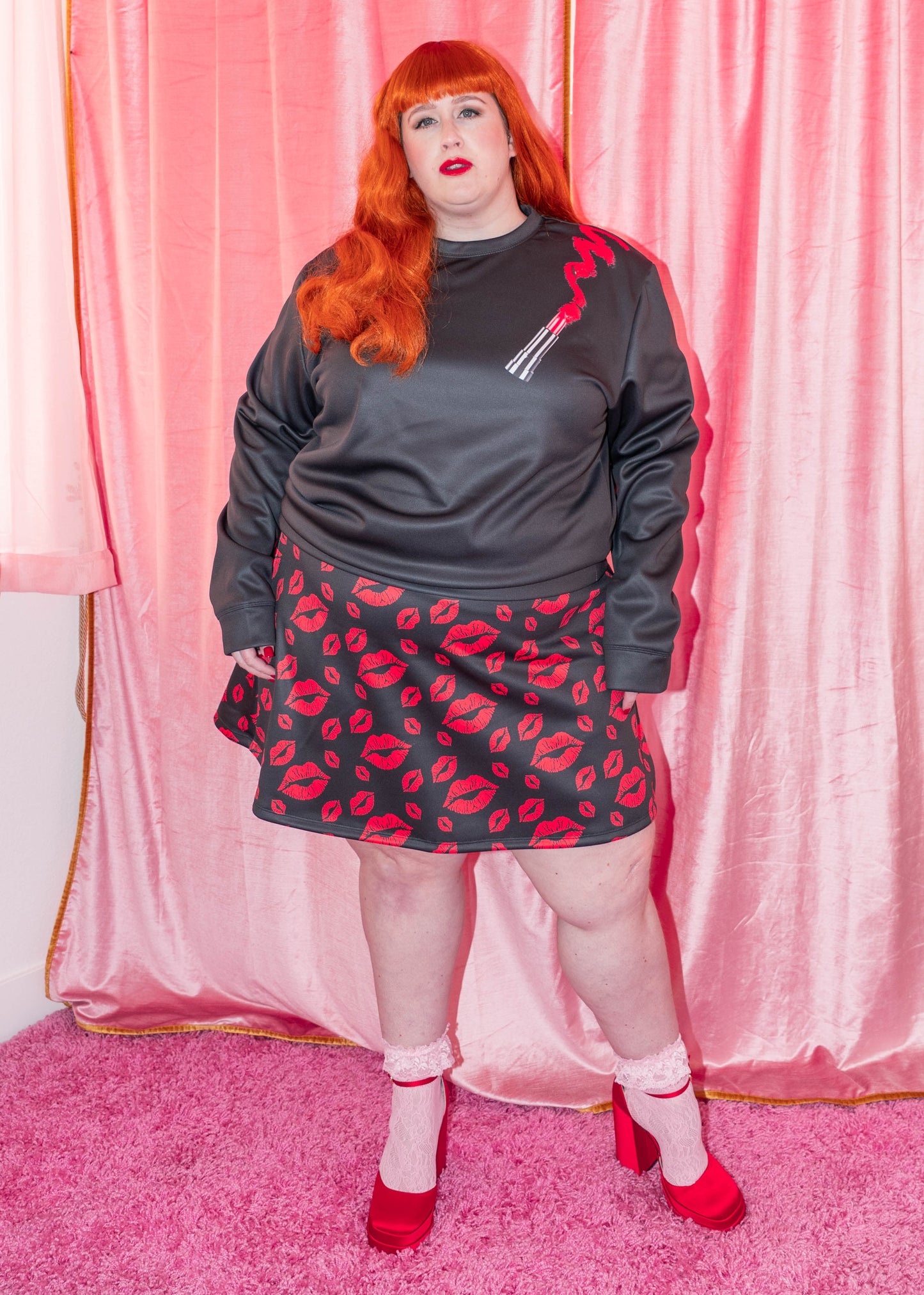 SAMPLE Filakia Kisses Print - Scuba Knit Knee Length Skirt - Black Size 3X