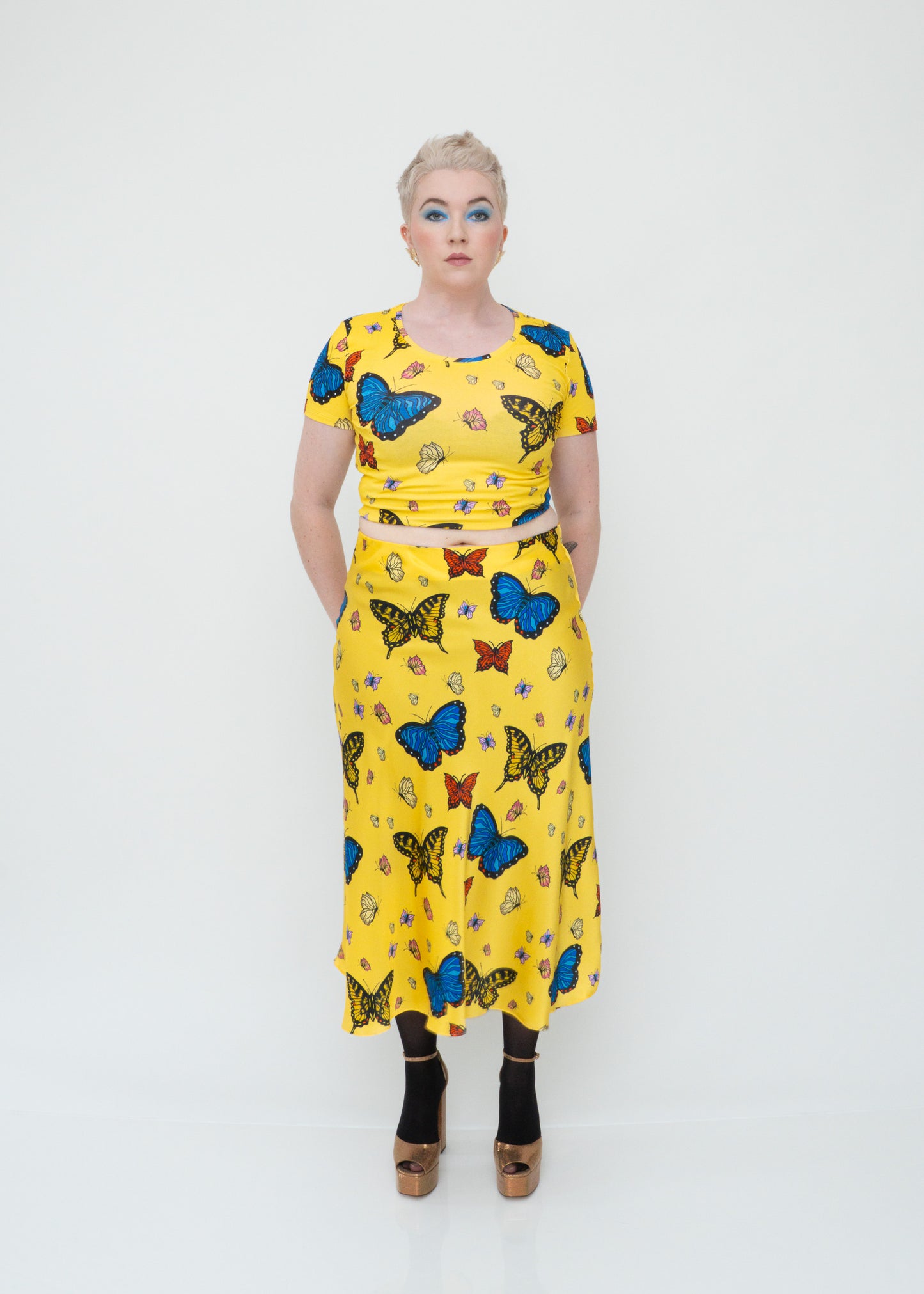 Butterflies Silk Midi Slip Skirt - Yellow