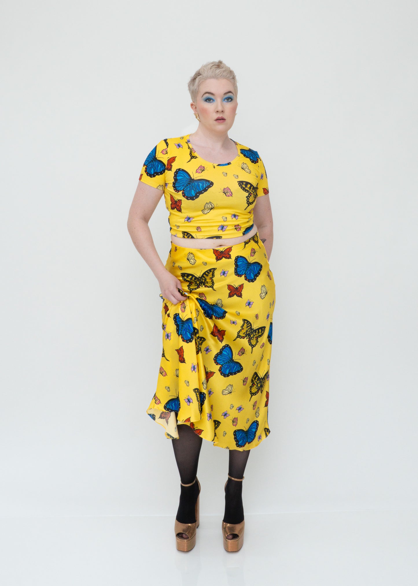 Butterflies Silk Midi Slip Skirt - Yellow