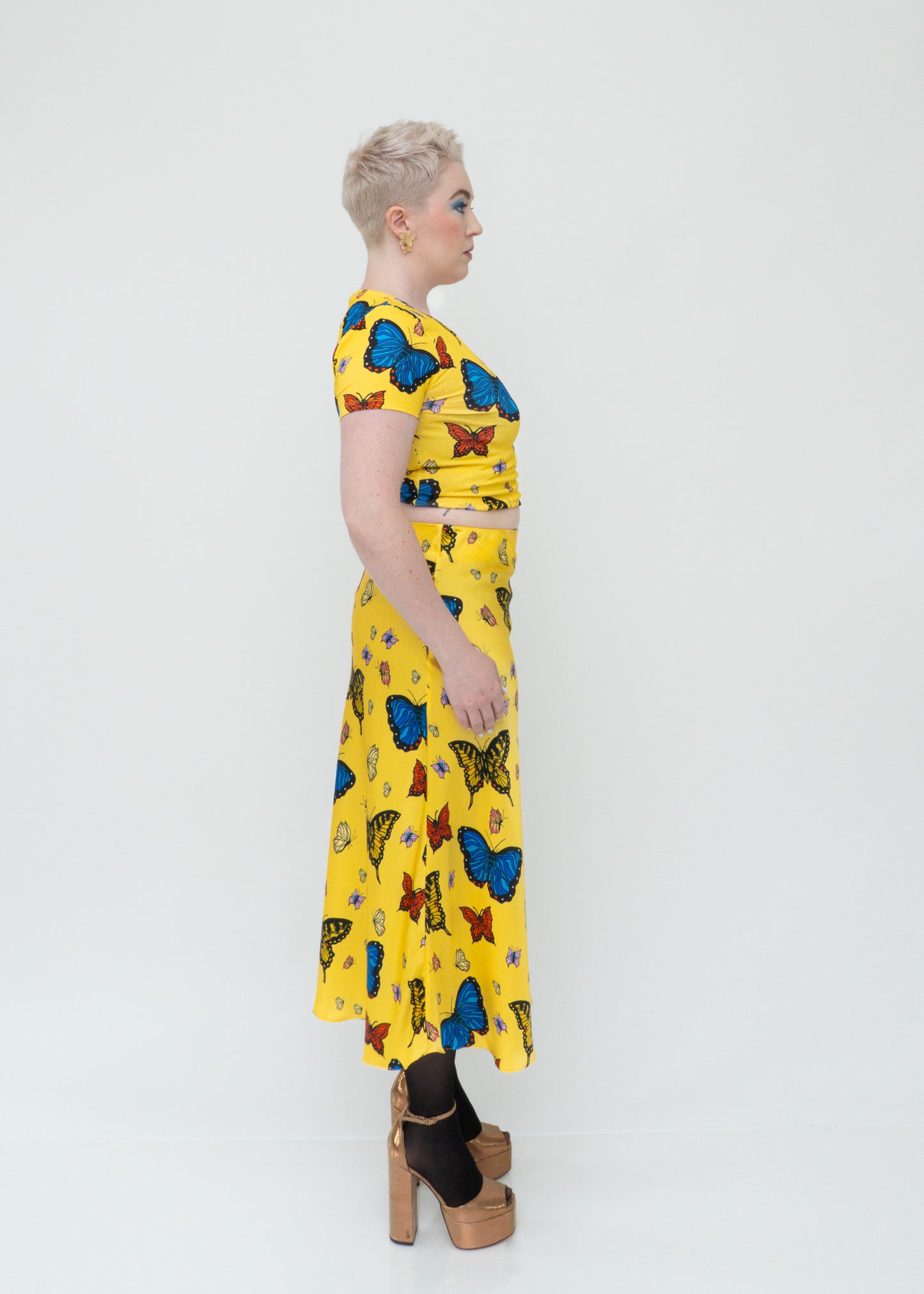Butterflies Silk Midi Slip Skirt - Yellow