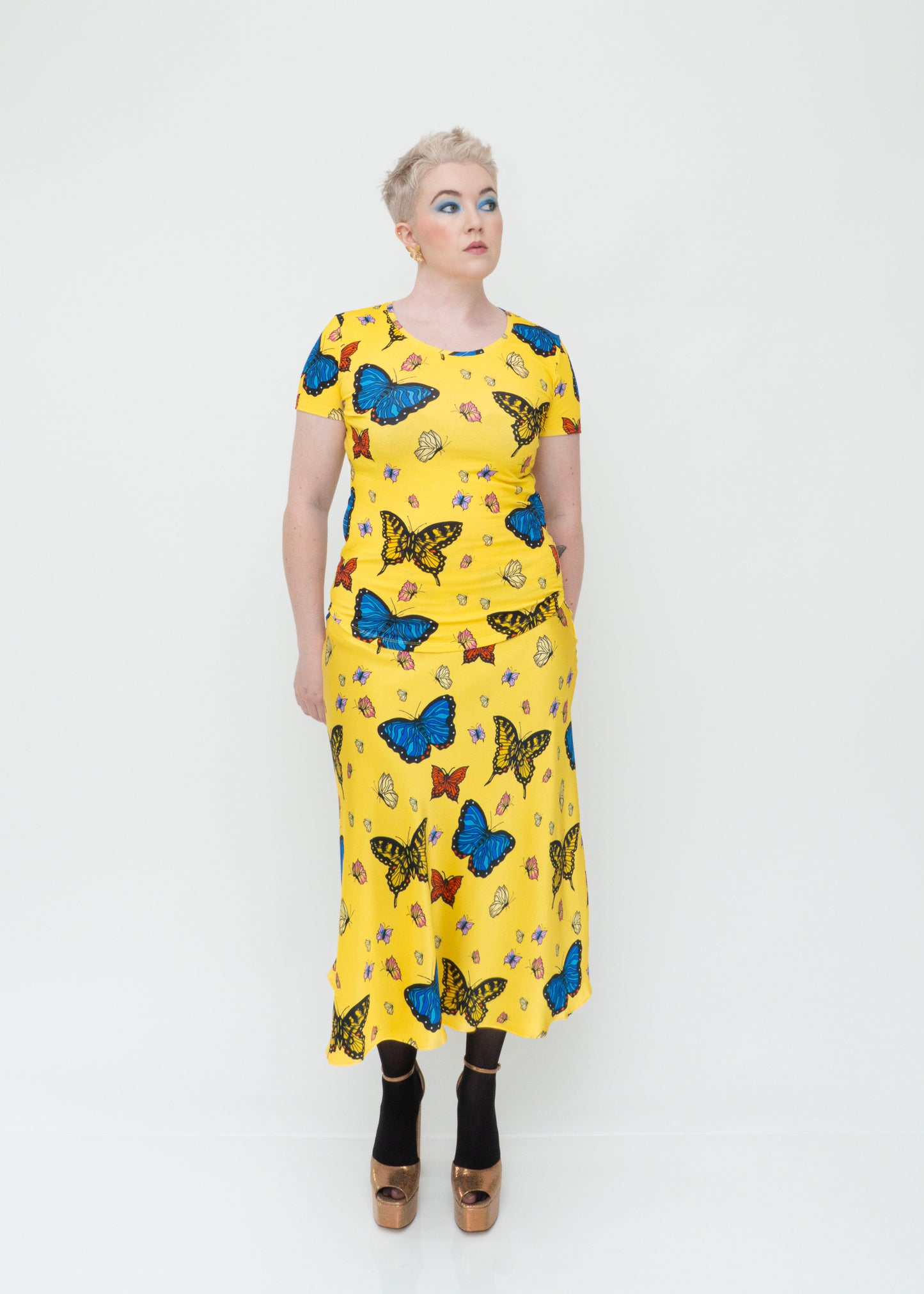 Butterflies Silk Midi Slip Skirt - Yellow