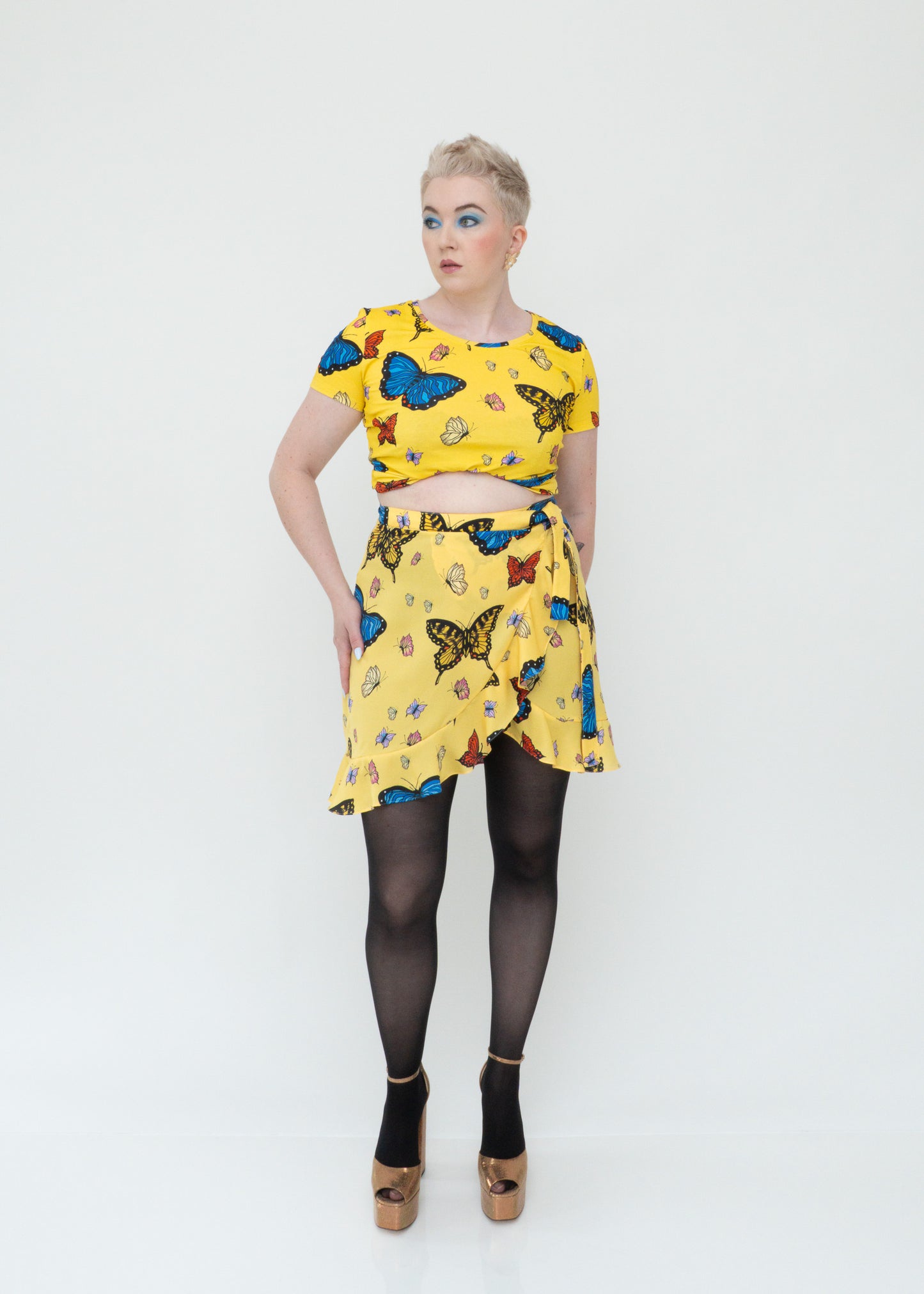 Butterflies Ruffle Mini Wrap Skirt - Yellow