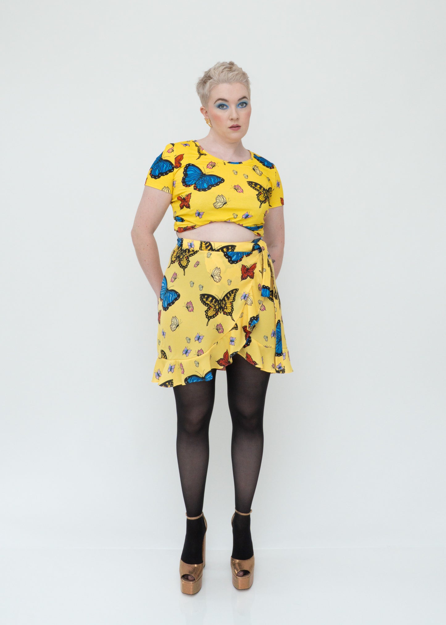 Butterflies Ruffle Mini Wrap Skirt - Yellow