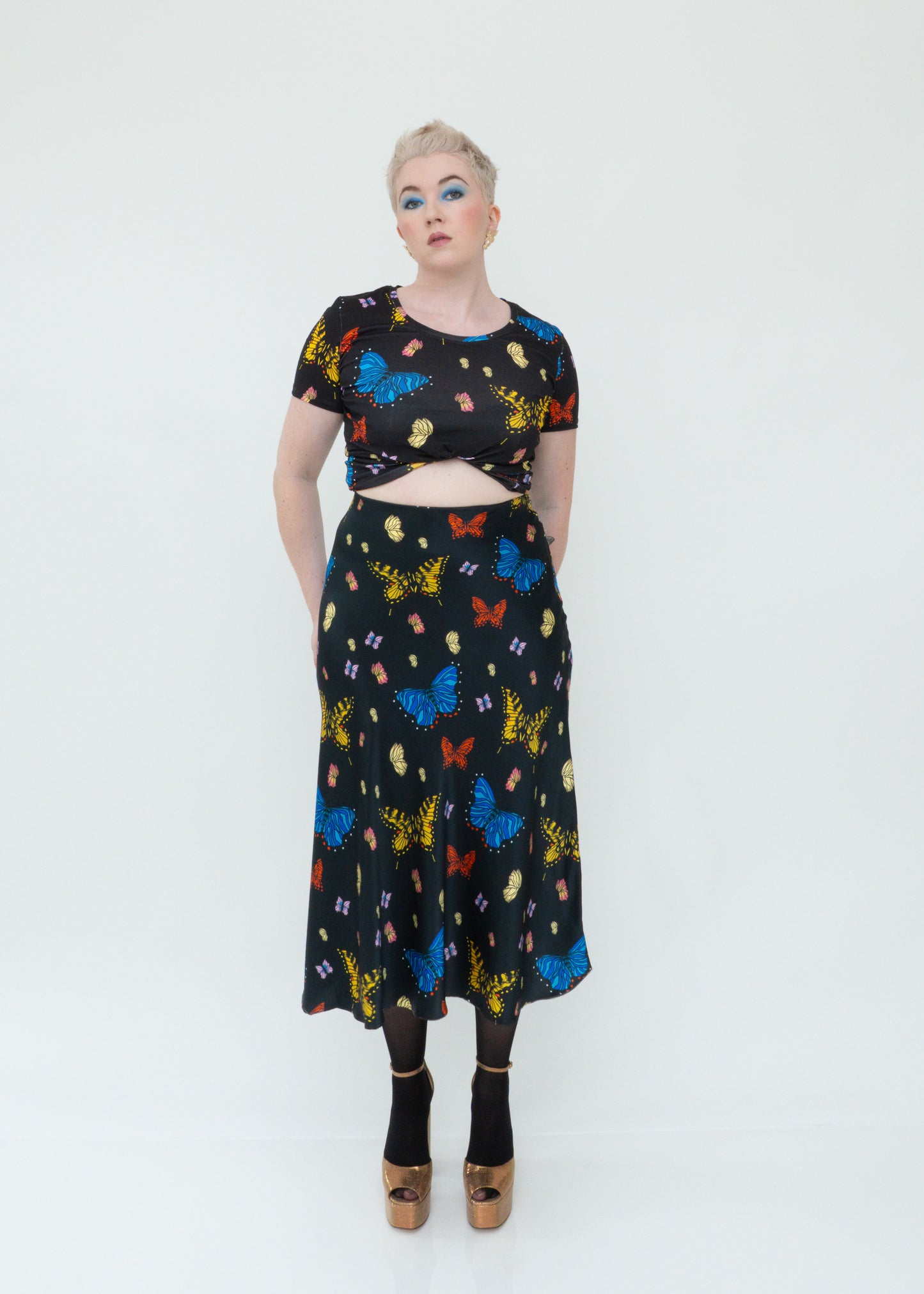Butterflies Silk Midi Slip Skirt - Black