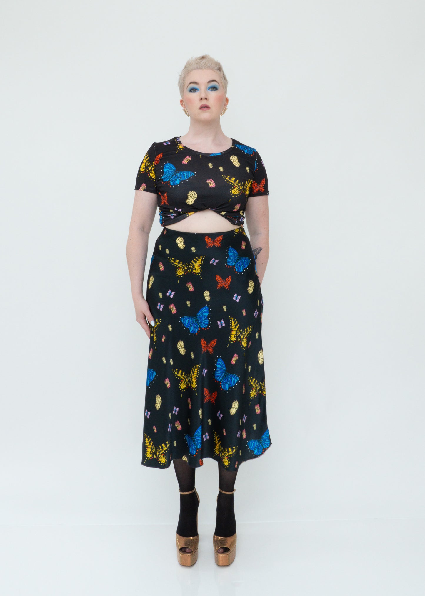 Butterflies Silk Midi Slip Skirt - Black