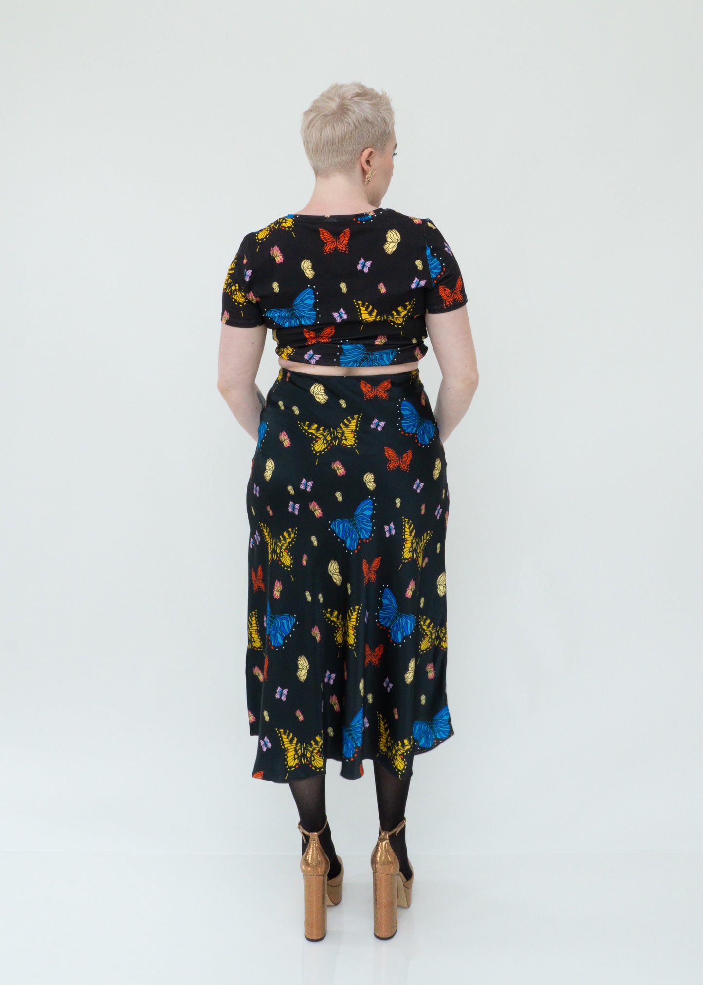 Butterflies Silk Midi Slip Skirt - Black