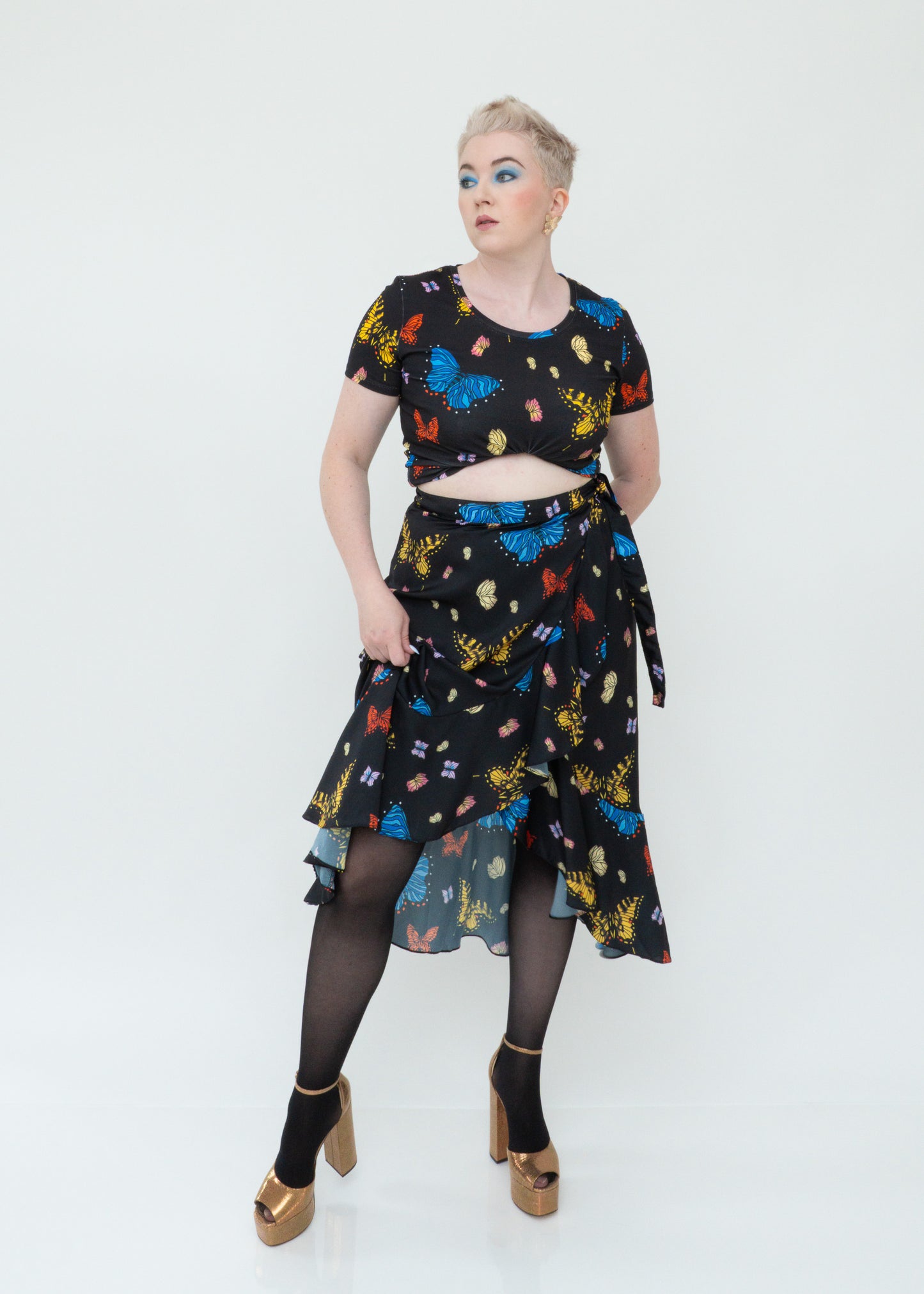 Butterflies Ruffle Midi Wrap Skirt - Black