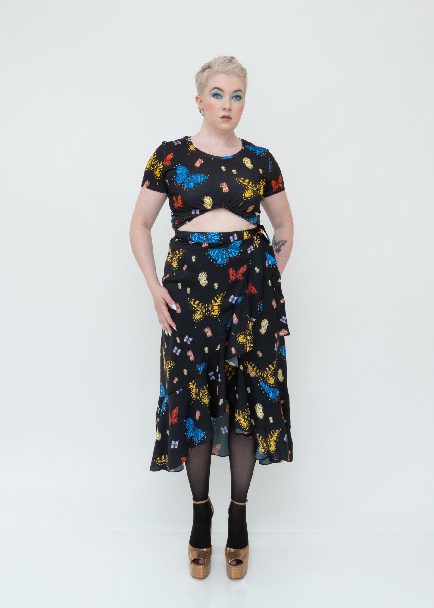 Butterflies Ruffle Midi Wrap Skirt - Black