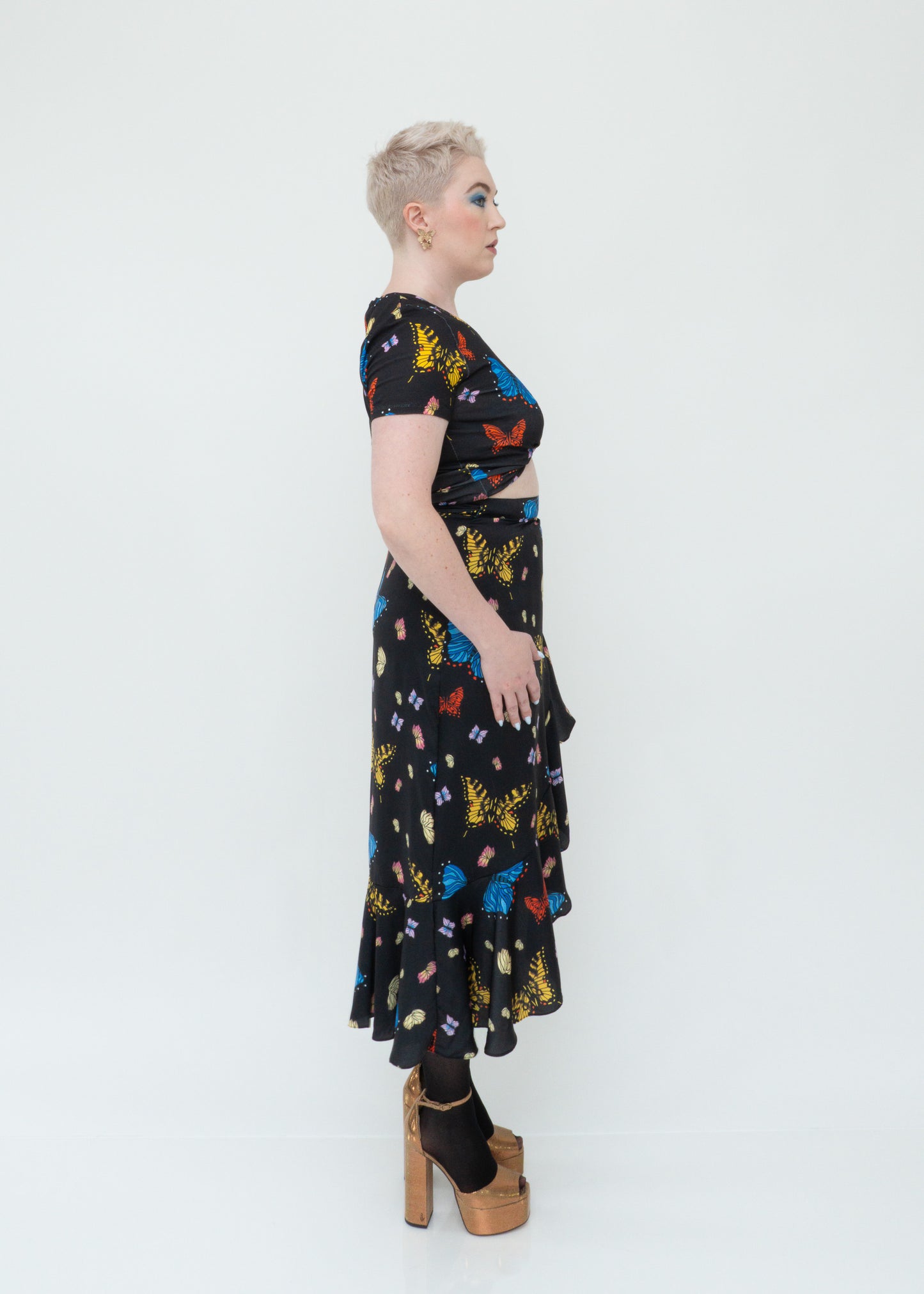 Butterflies Ruffle Midi Wrap Skirt - Black
