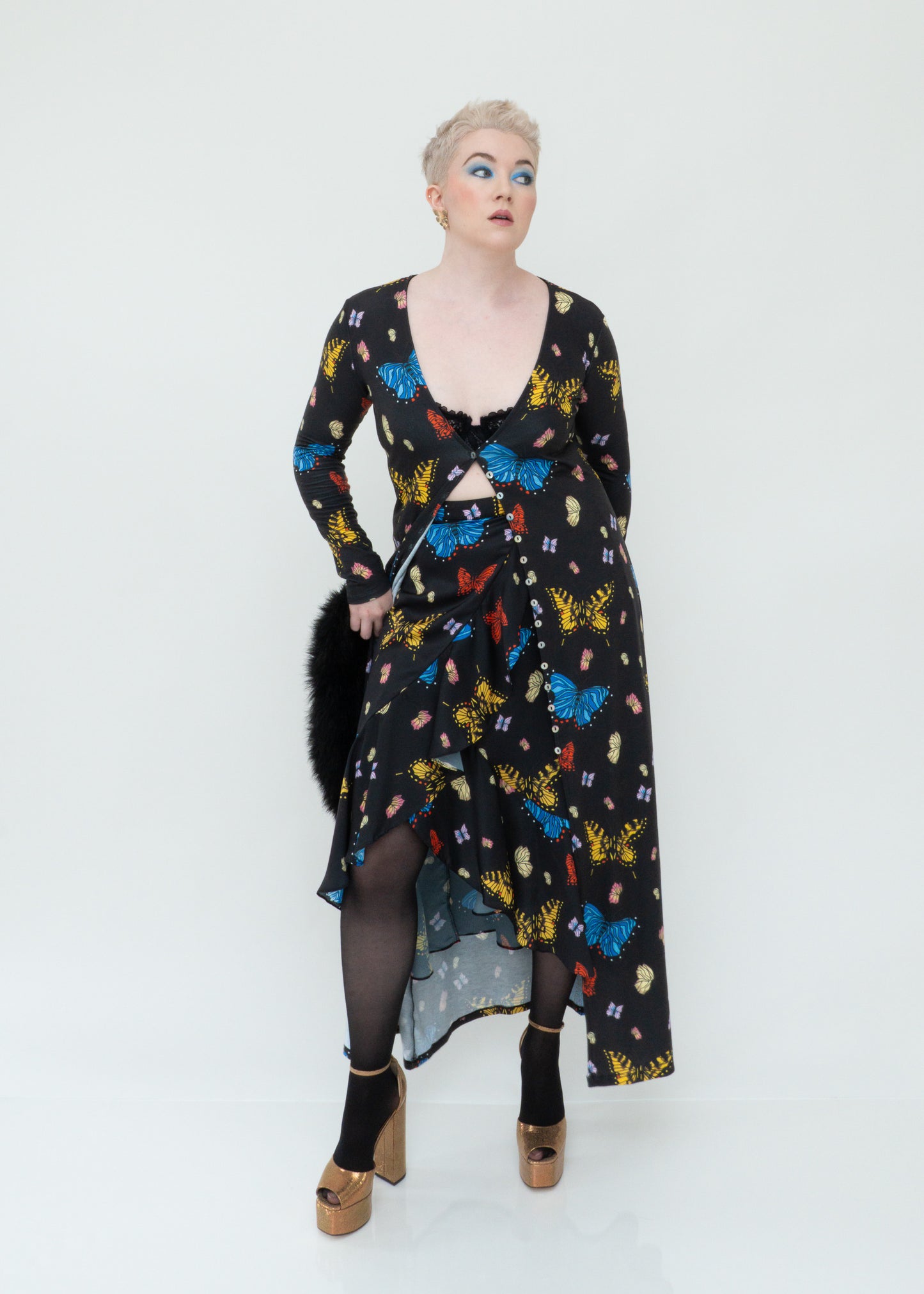 Butterflies Ruffle Midi Wrap Skirt - Black