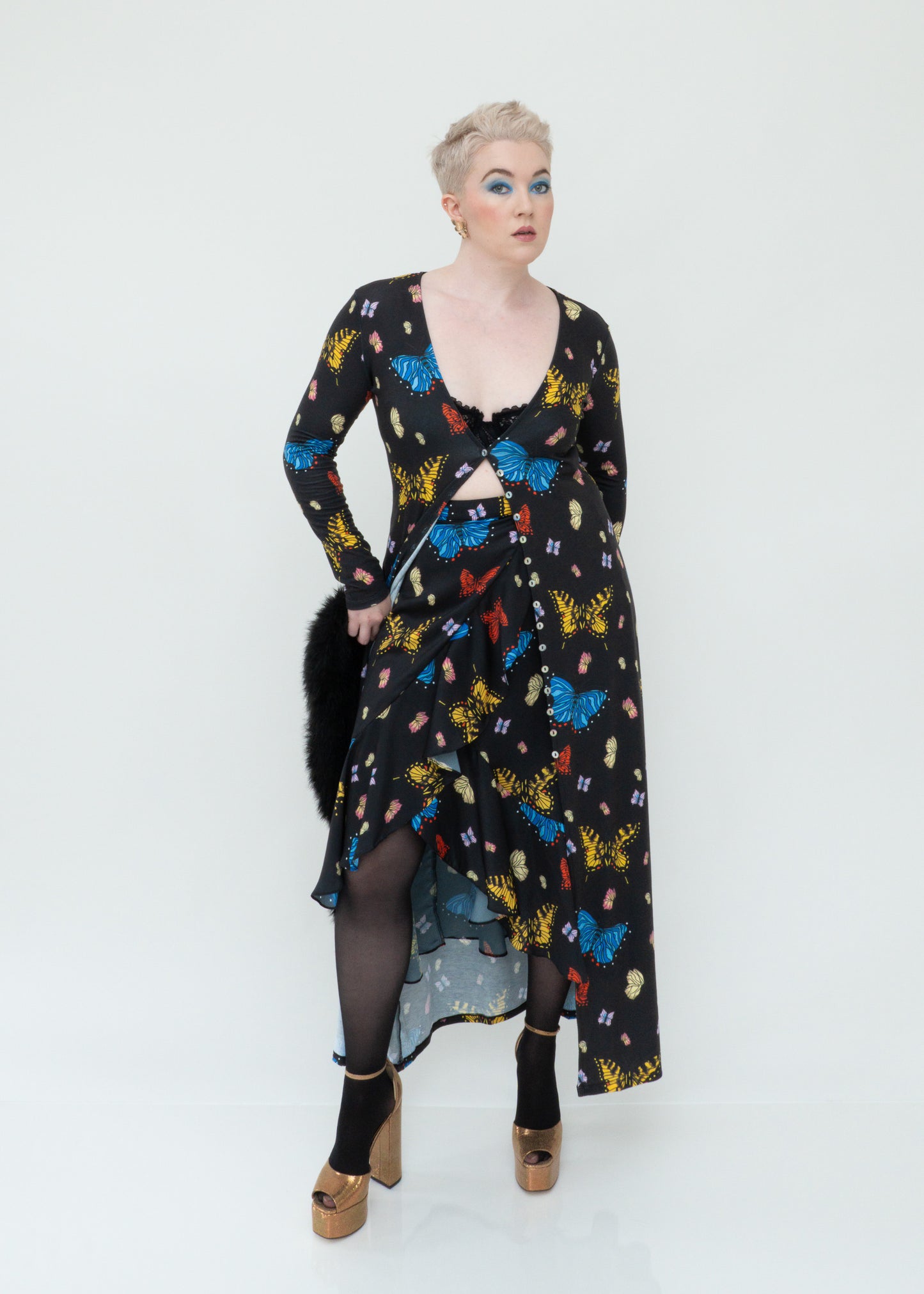 Butterflies Ruffle Midi Wrap Skirt - Black