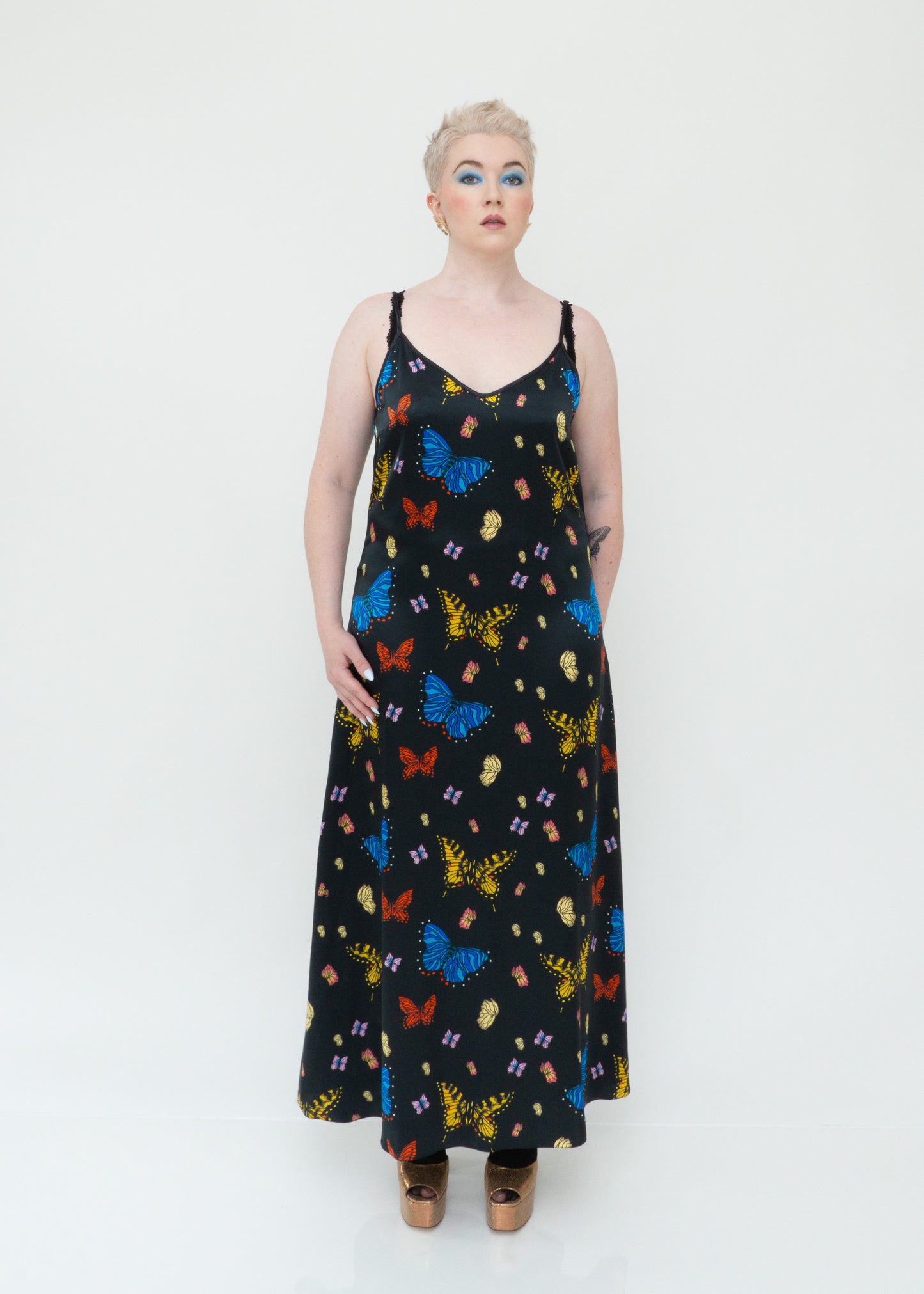 Butterflies Silk Maxi Slip Dress - Black