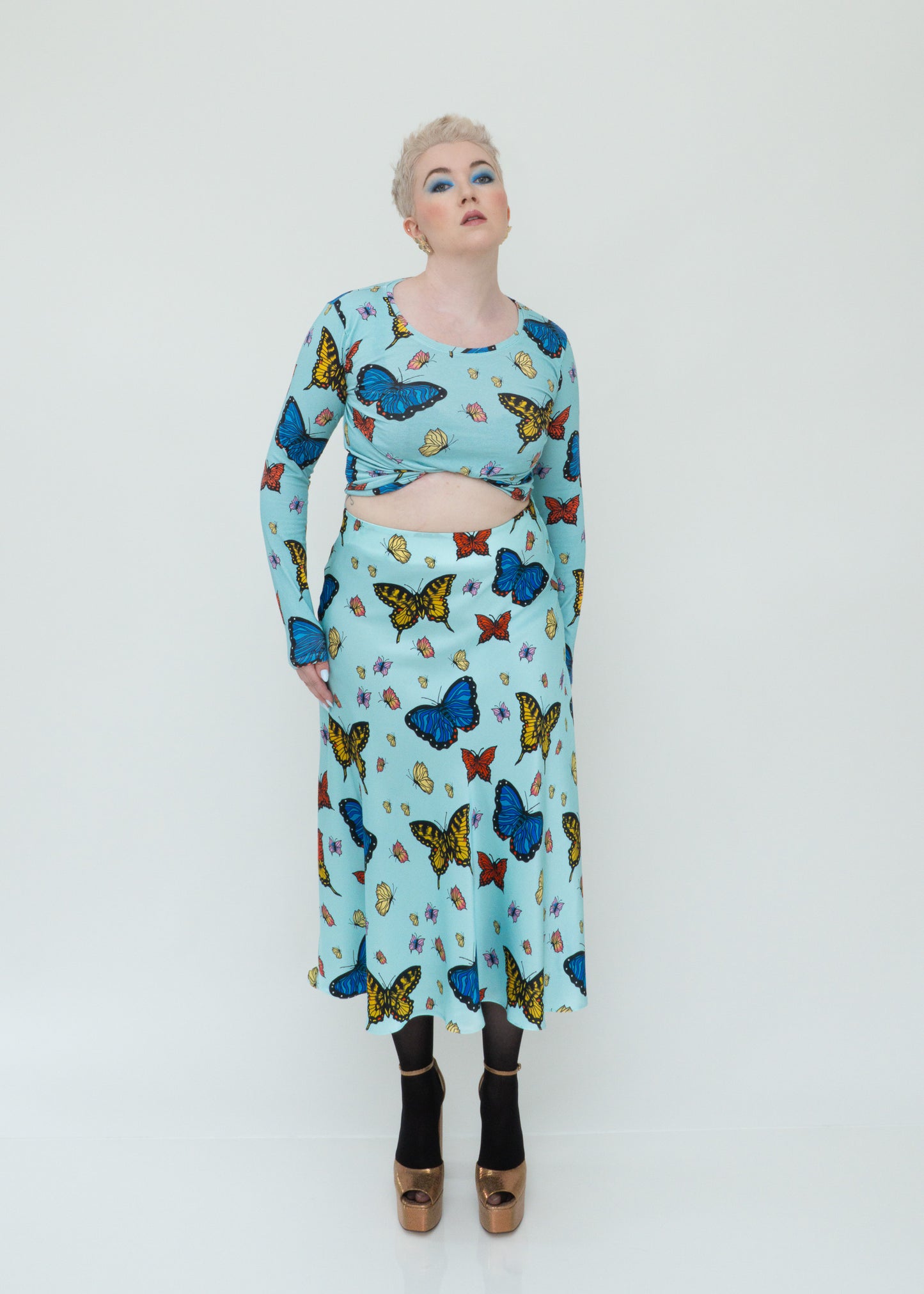 Butterflies Silk Midi Slip Skirt - Sky Blue