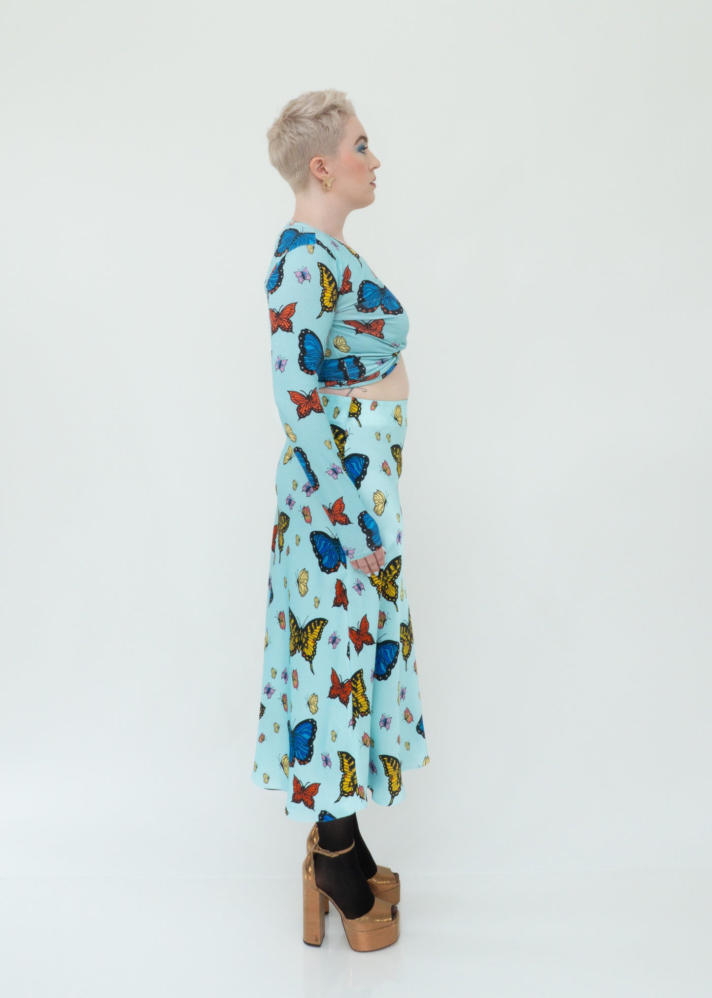 Butterflies Silk Midi Slip Skirt - Sky Blue