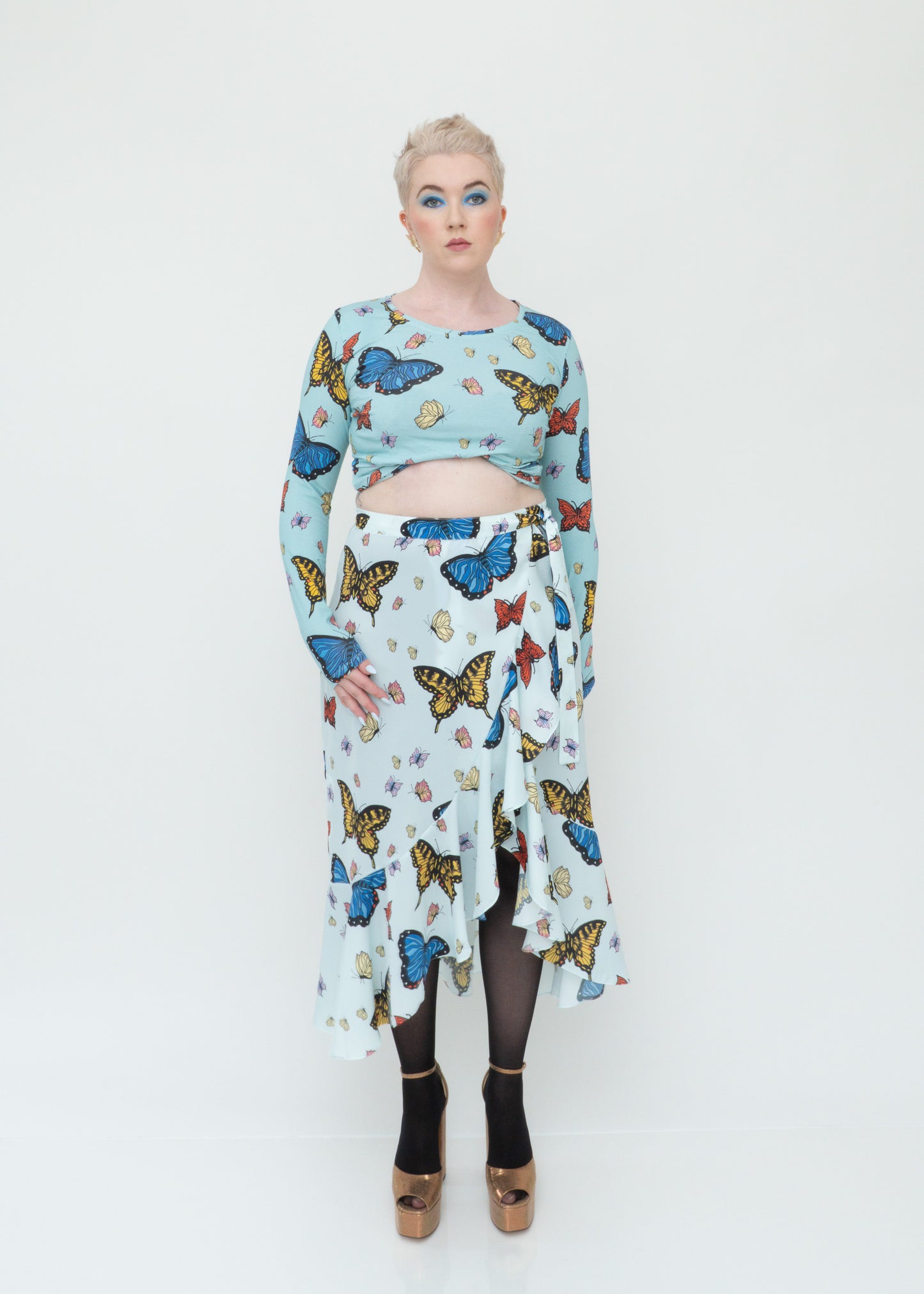 Butterflies Ruffle Midi Wrap Skirt - Pale Blue Sky