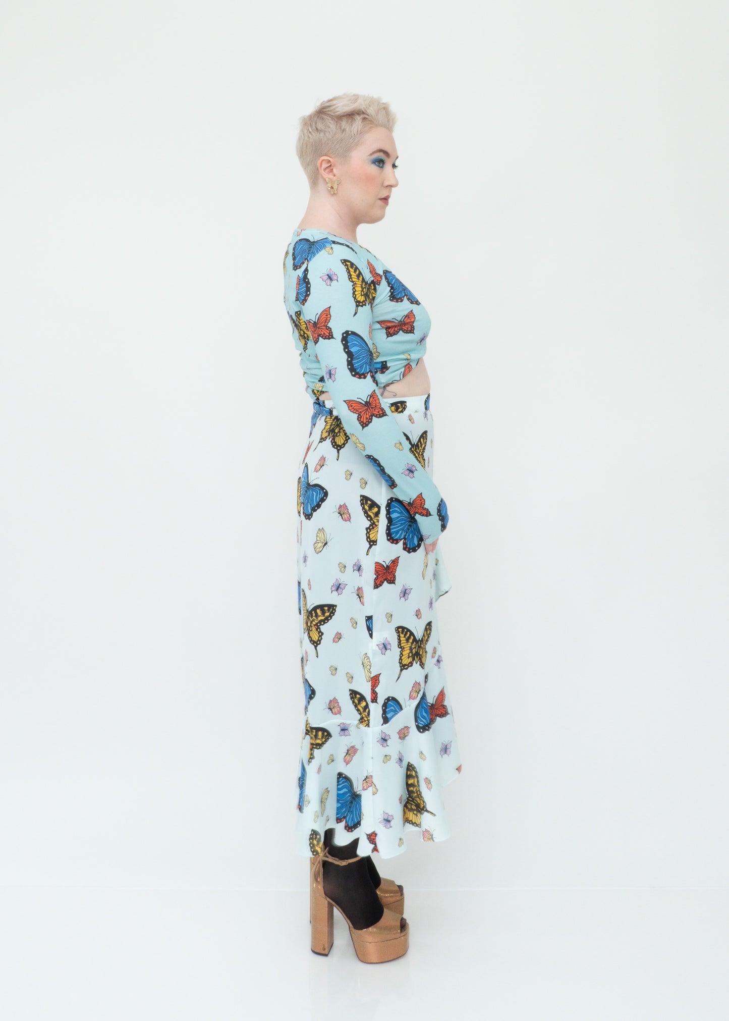 Butterflies Ruffle Midi Wrap Skirt - Pale Blue Sky