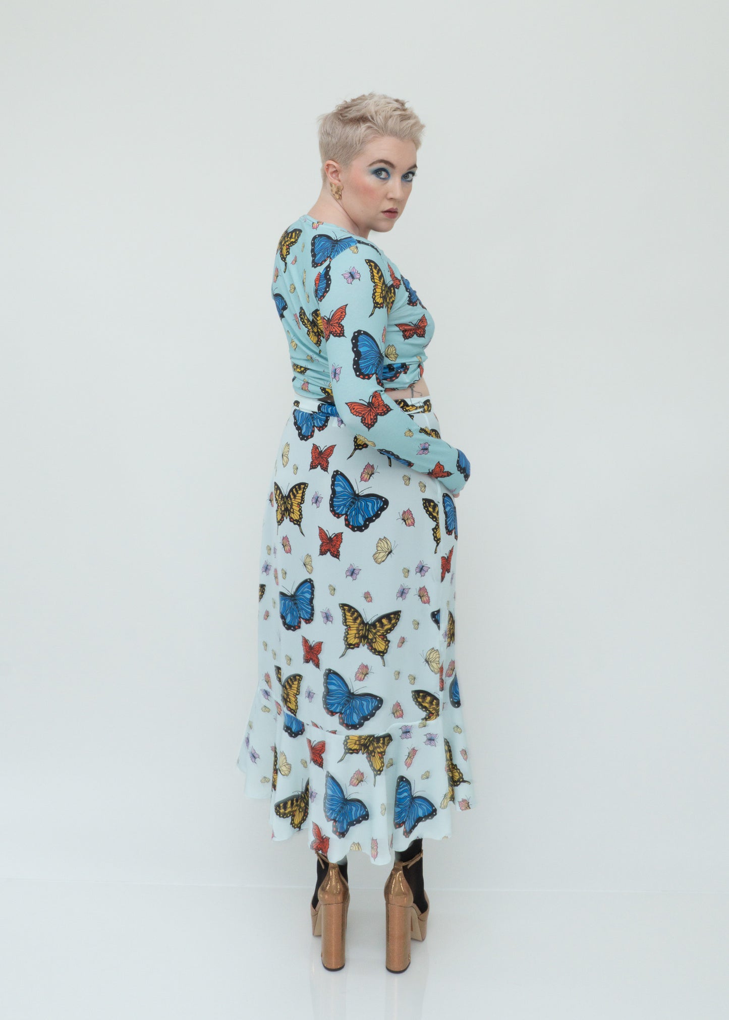 Butterflies Ruffle Midi Wrap Skirt - Pale Blue Sky