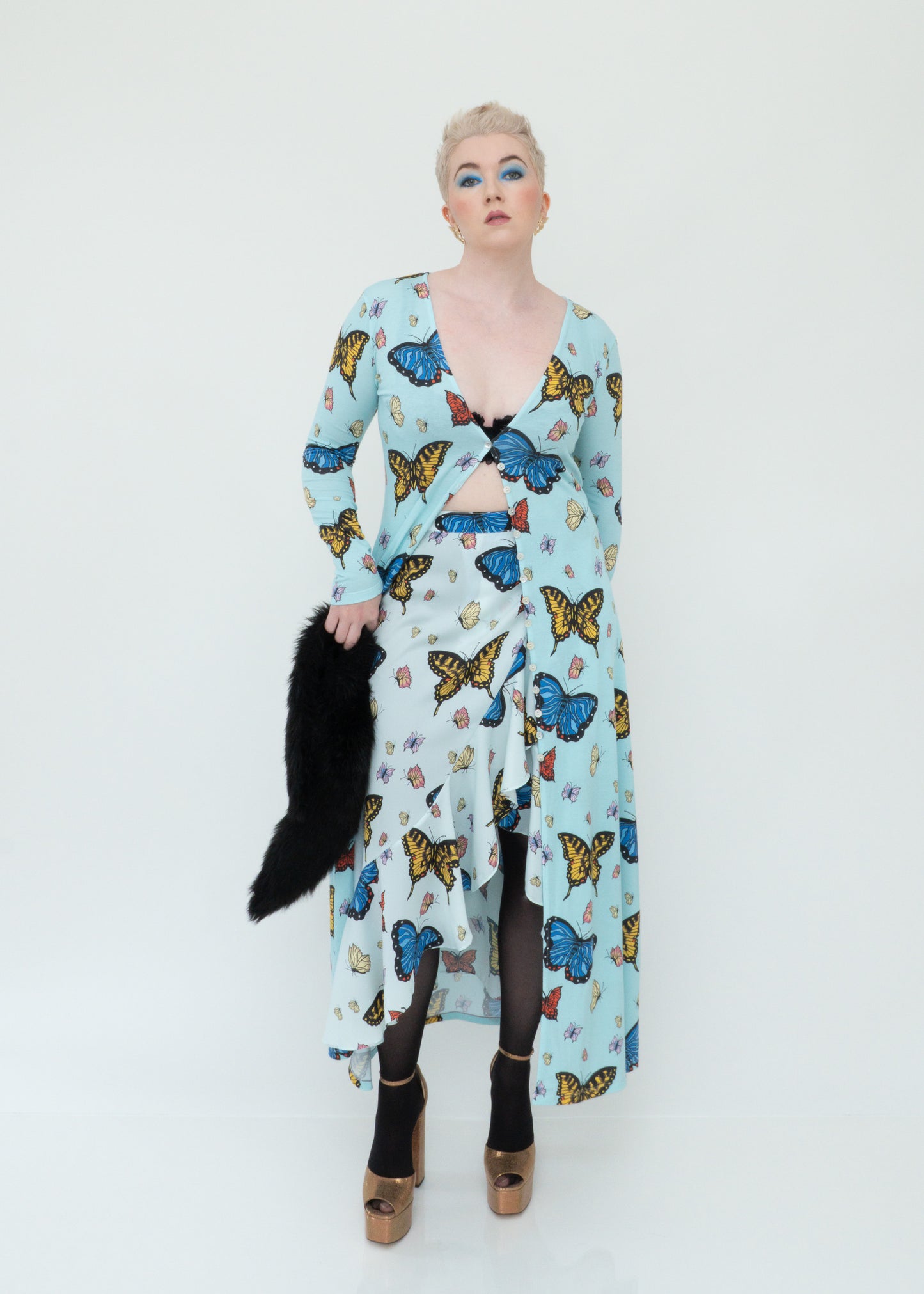 Butterflies Ruffle Midi Wrap Skirt - Pale Blue Sky