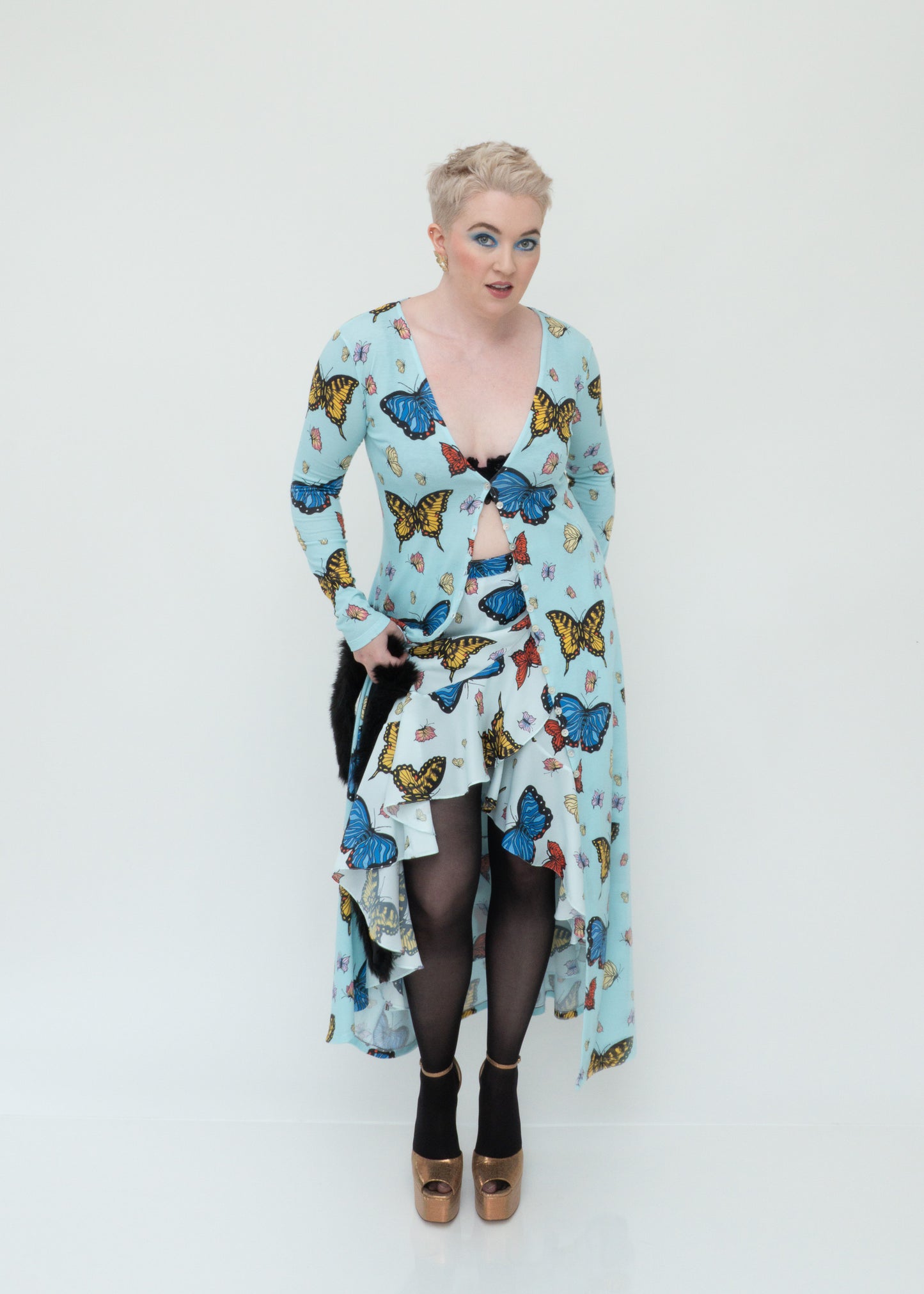 Butterflies Ruffle Midi Wrap Skirt - Pale Blue Sky