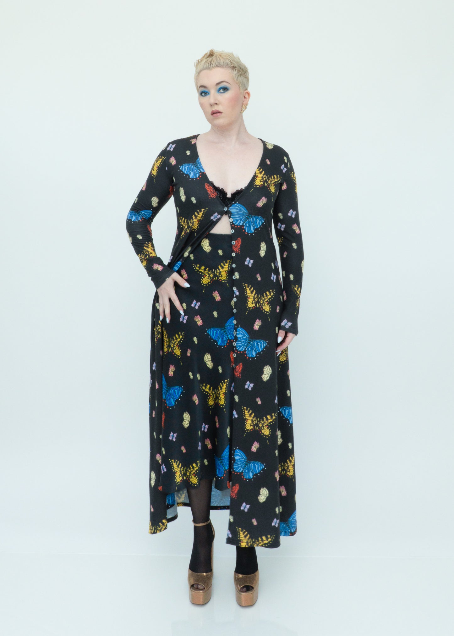 Butterflies Silk Midi Slip Skirt - Black
