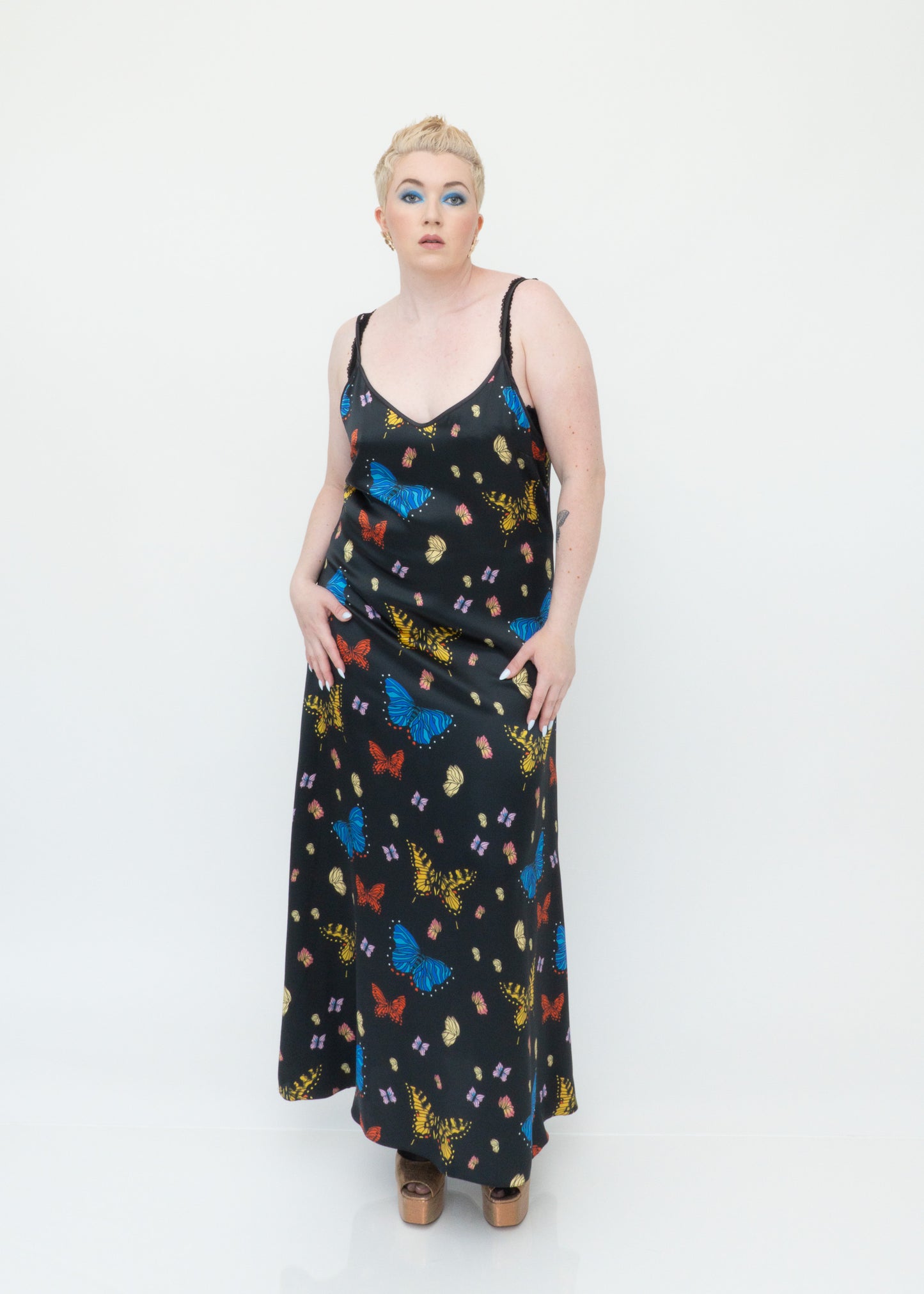 Butterflies Silk Maxi Slip Dress - Black