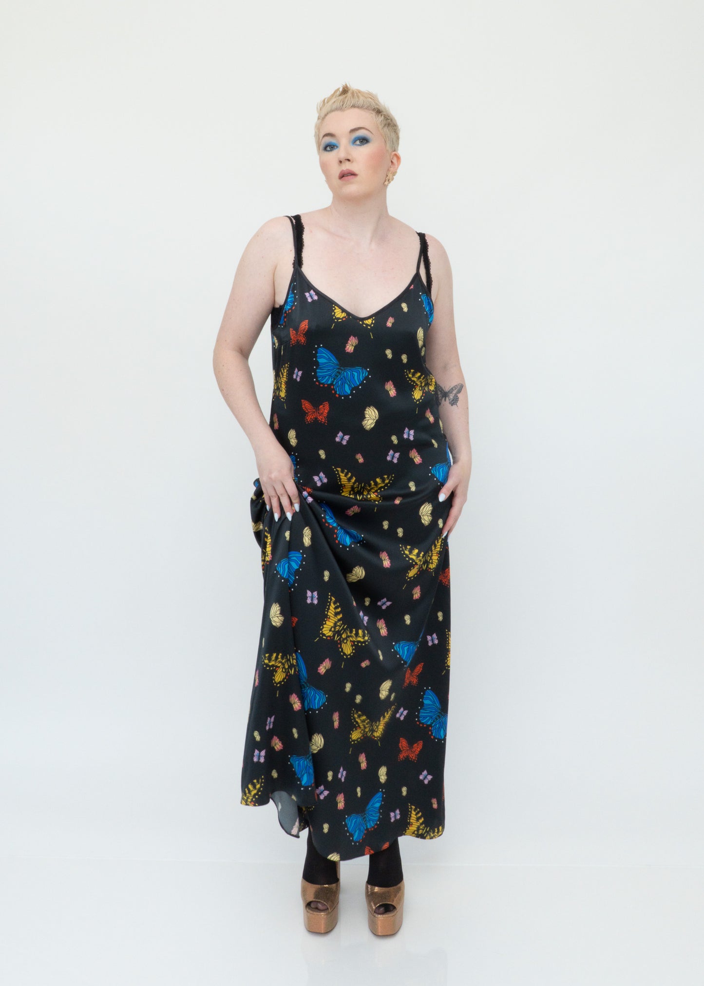 Butterflies Silk Maxi Slip Dress - Black