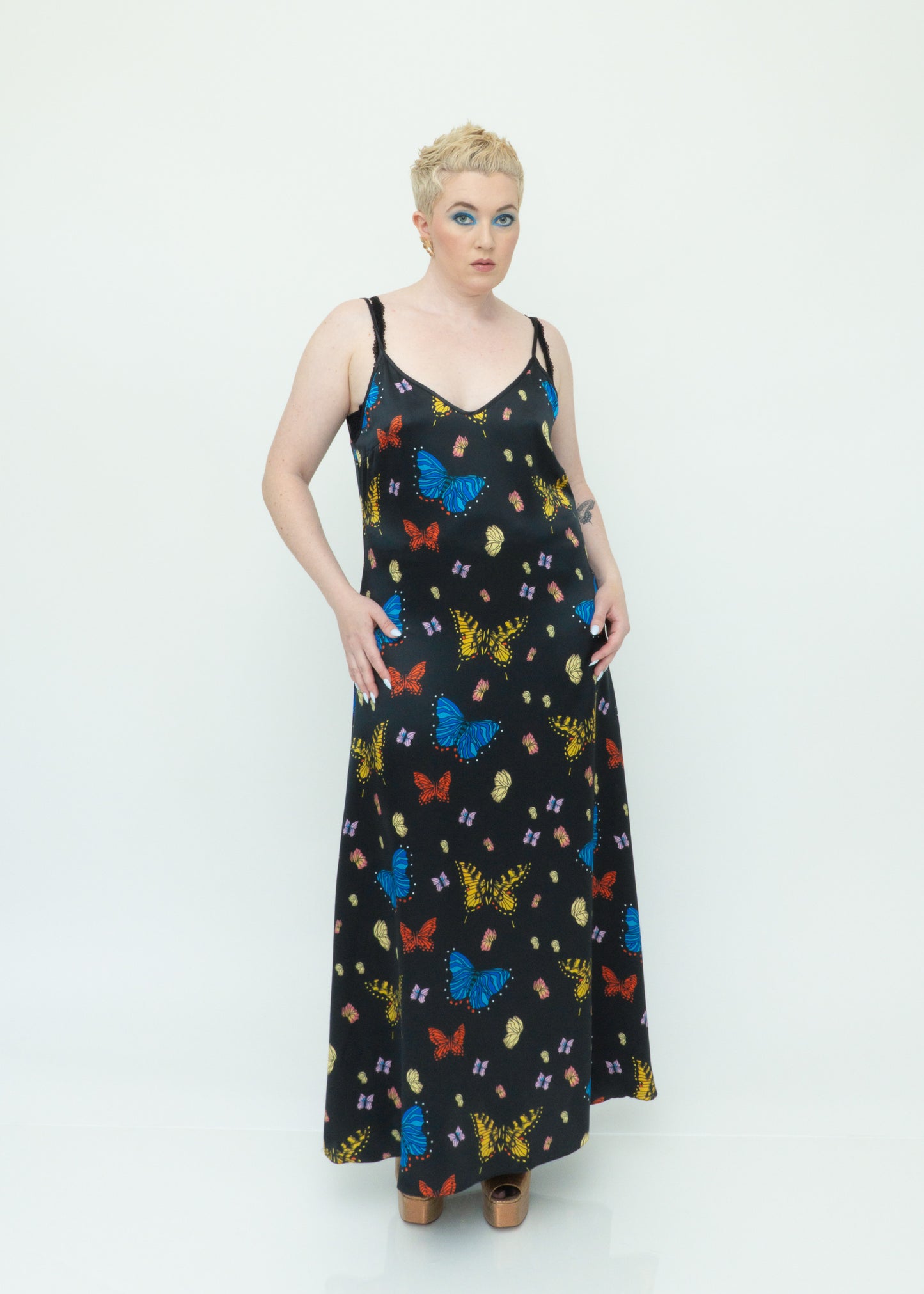 Butterflies Silk Maxi Slip Dress - Black