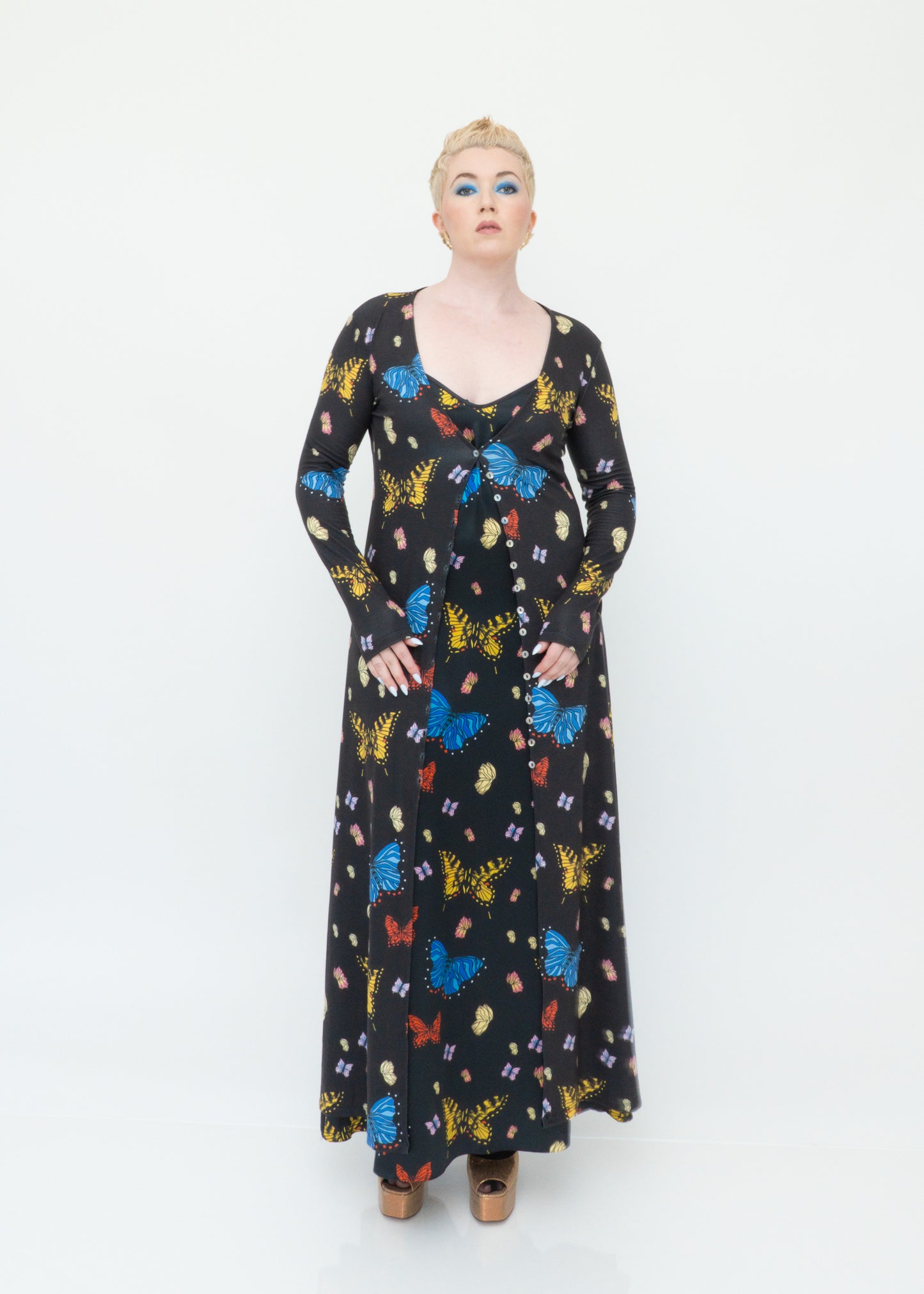 Butterflies Silk Maxi Slip Dress - Black