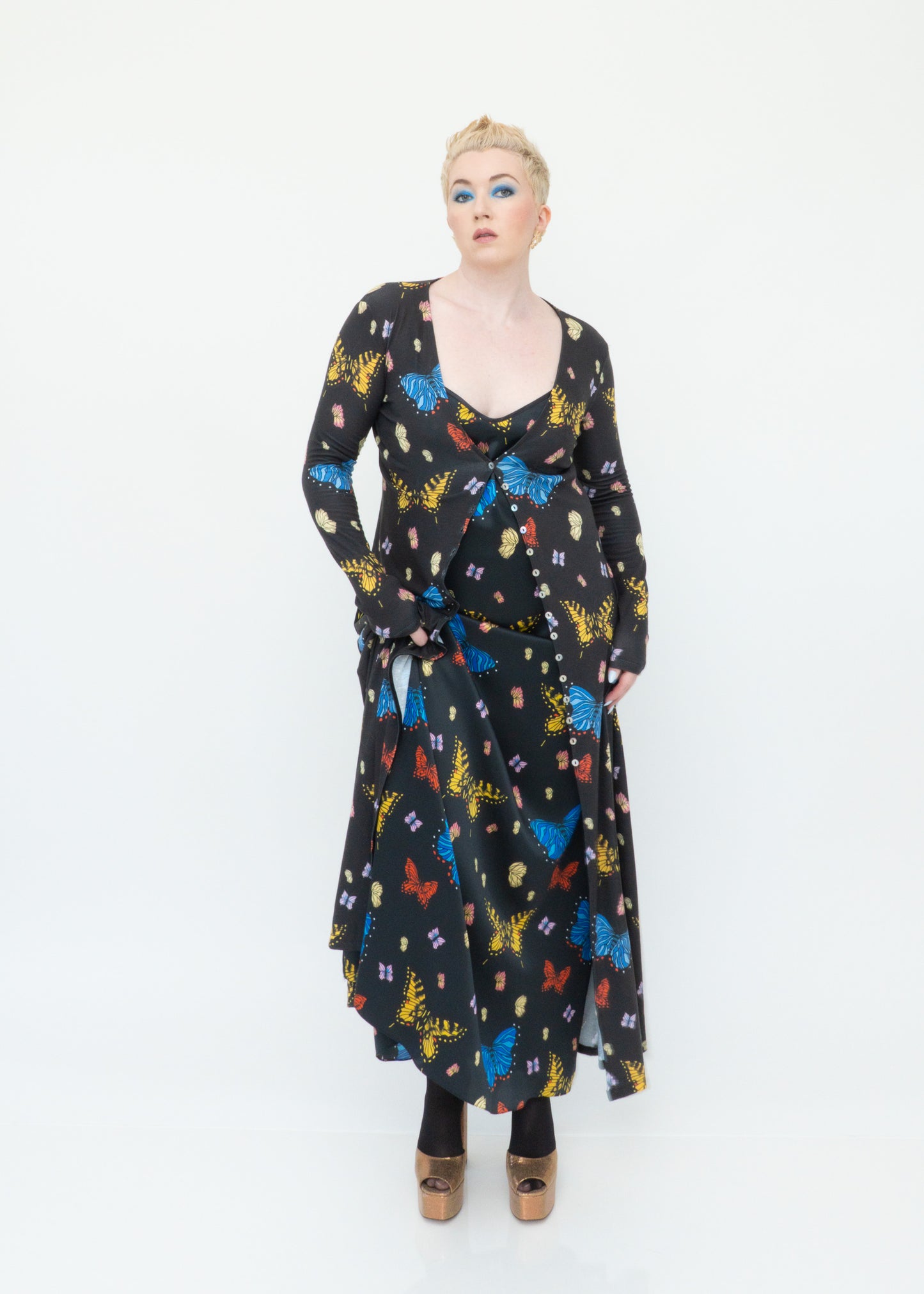 Butterflies Silk Maxi Slip Dress - Black