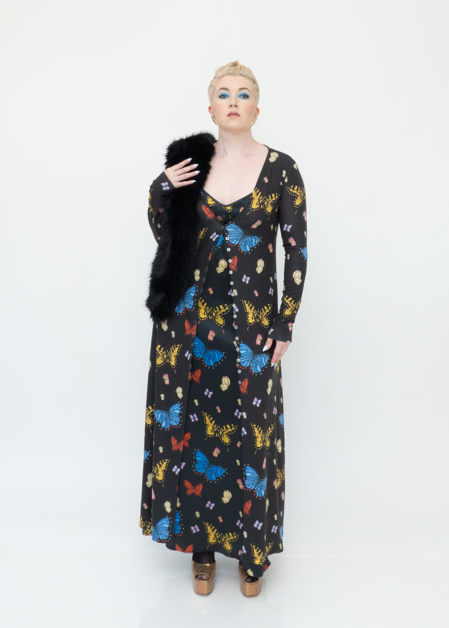 Butterflies Silk Maxi Slip Dress - Black