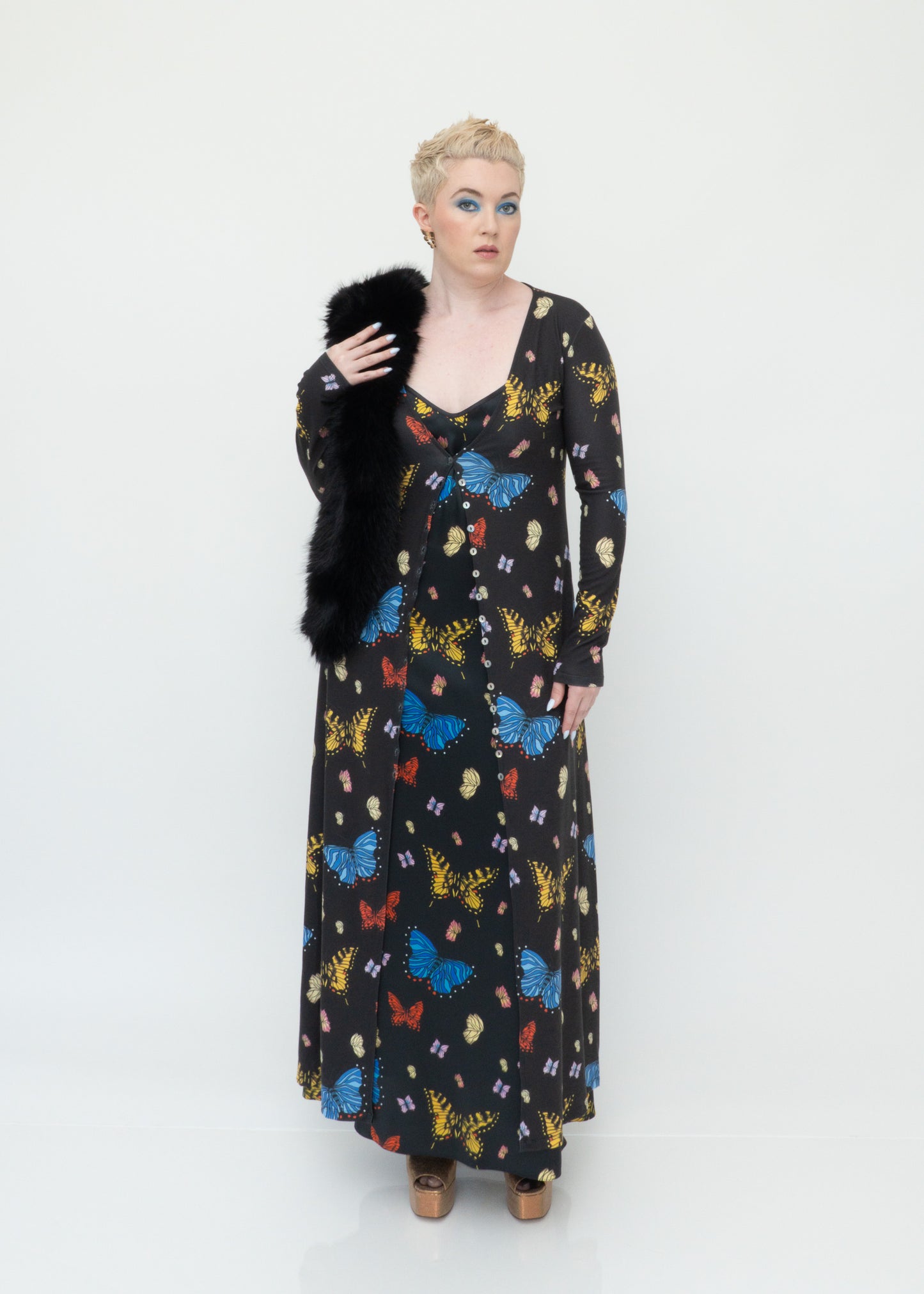 Butterflies Silk Maxi Slip Dress - Black