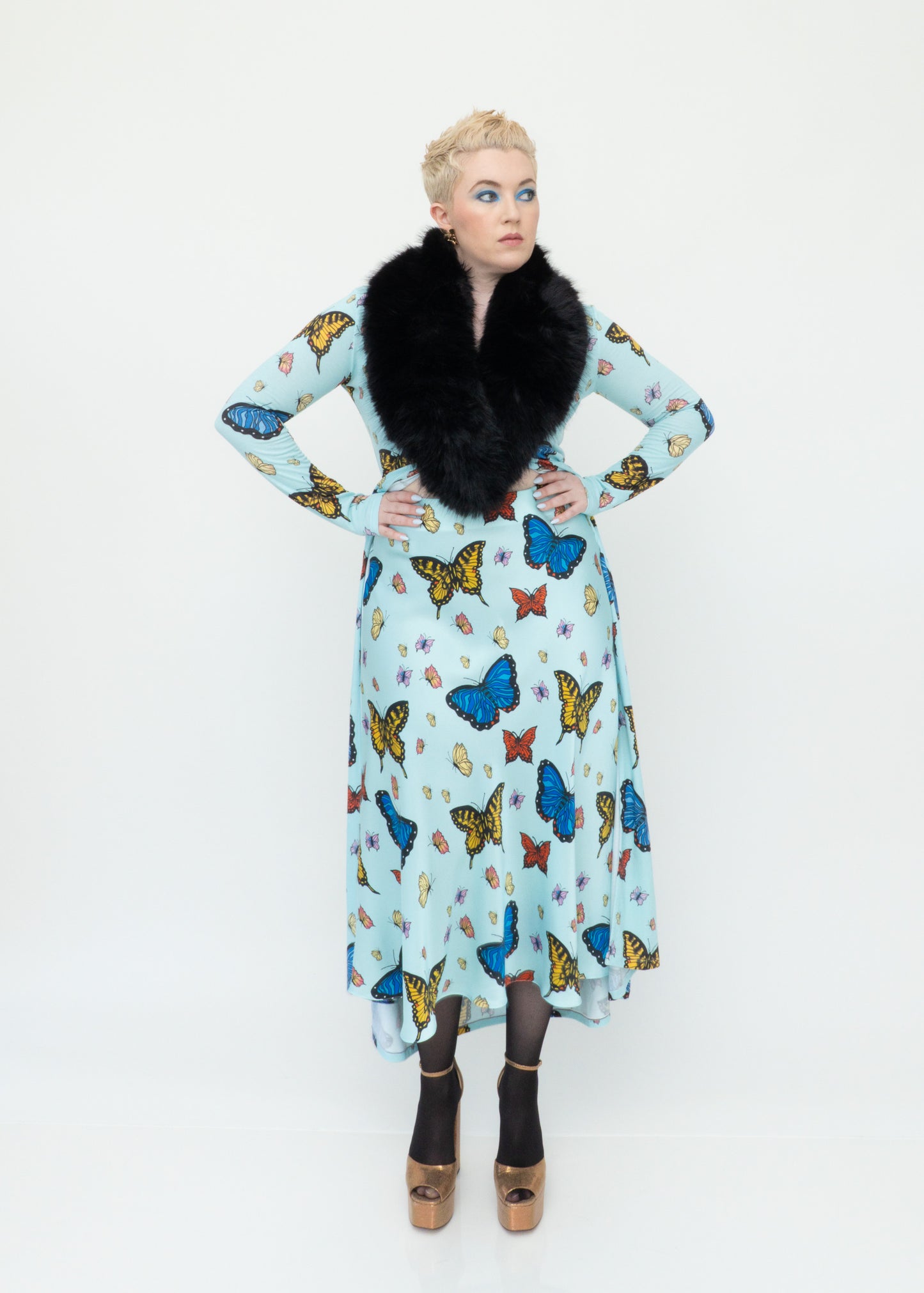 Butterflies Silk Midi Slip Skirt - Sky Blue