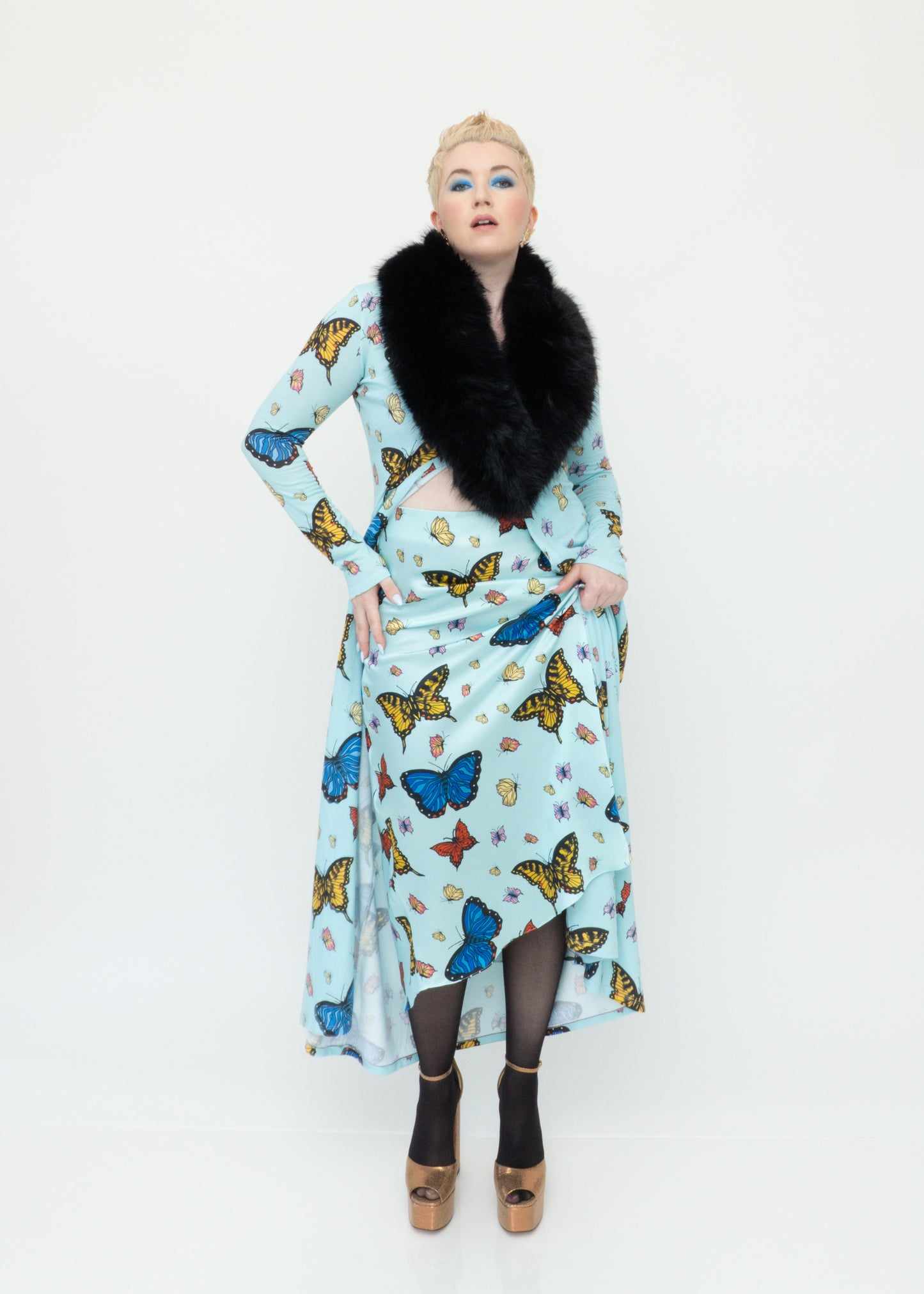 Butterflies Silk Midi Slip Skirt - Sky Blue