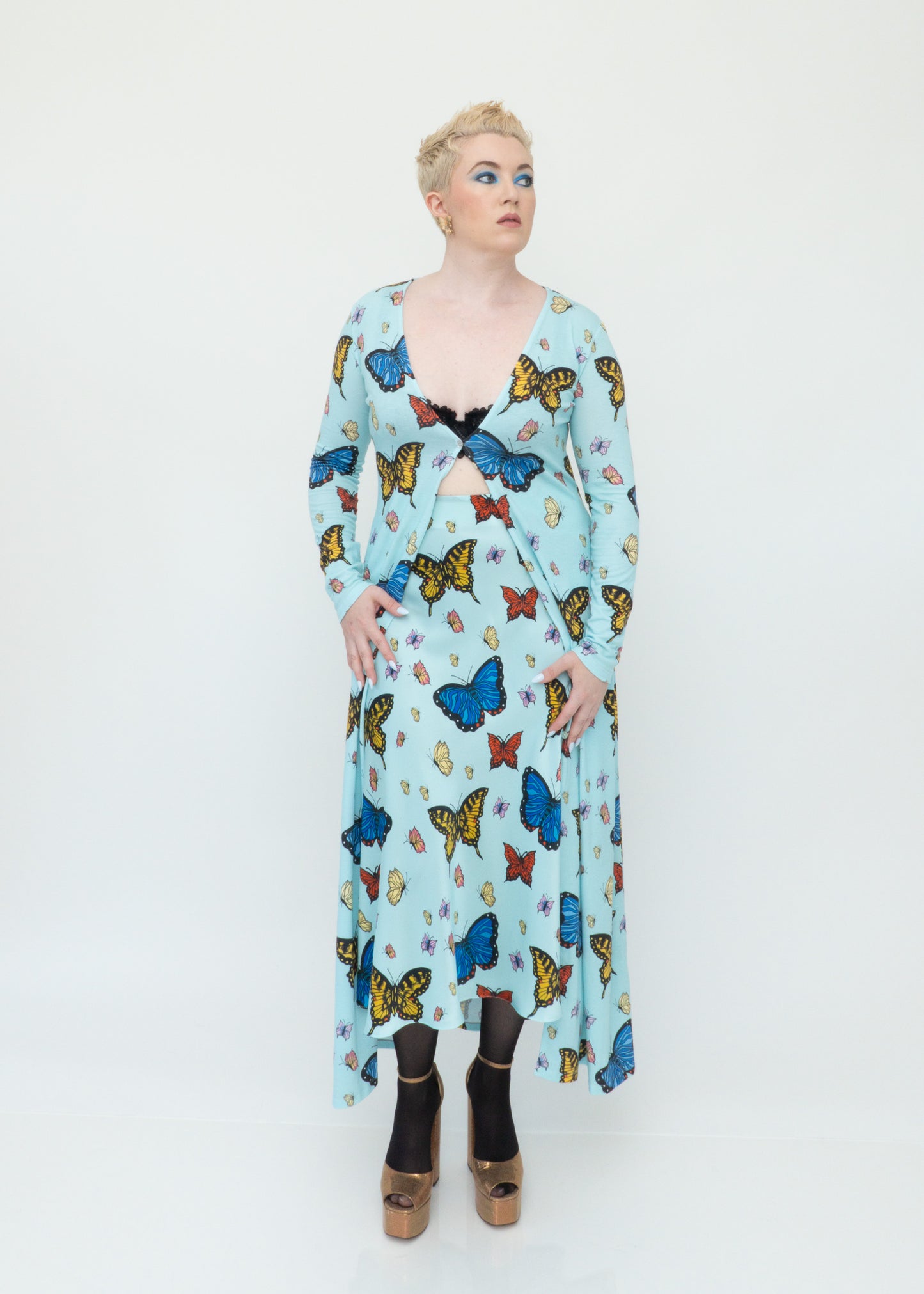 Butterflies Silk Midi Slip Skirt - Sky Blue
