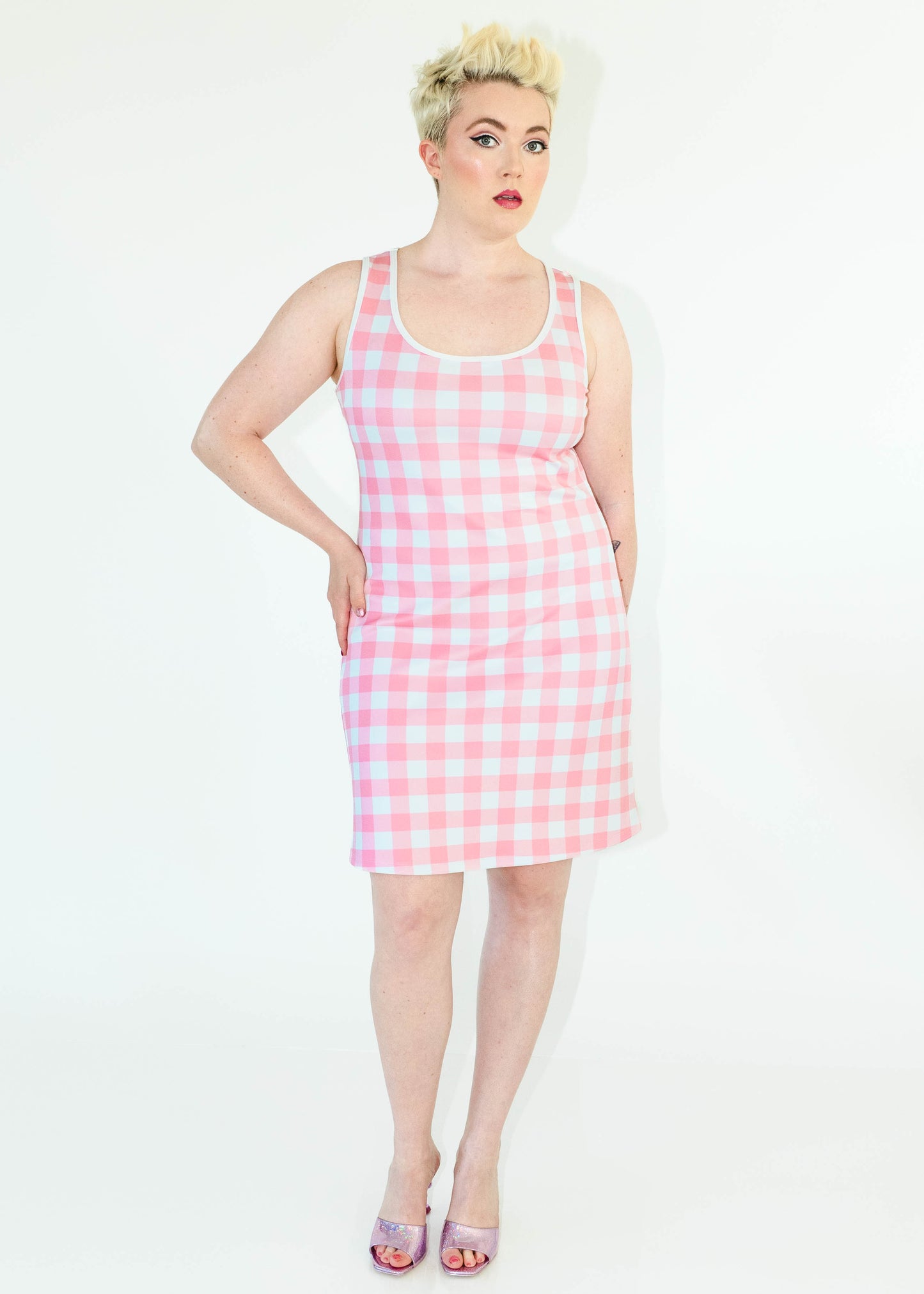 Scuba Knit Shift Dress- Pink Gingham Print