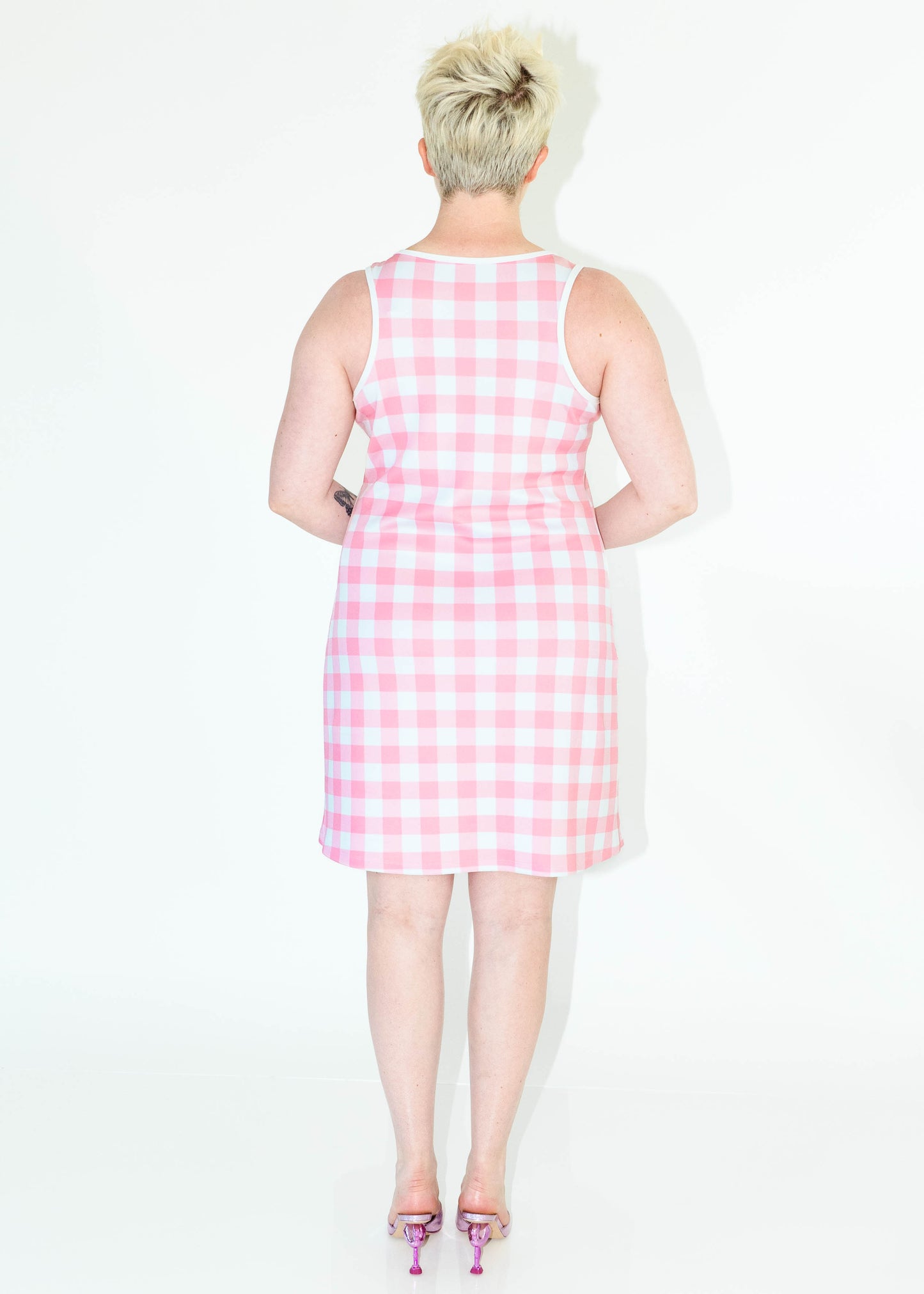 Scuba Knit Shift Dress- Pink Gingham Print