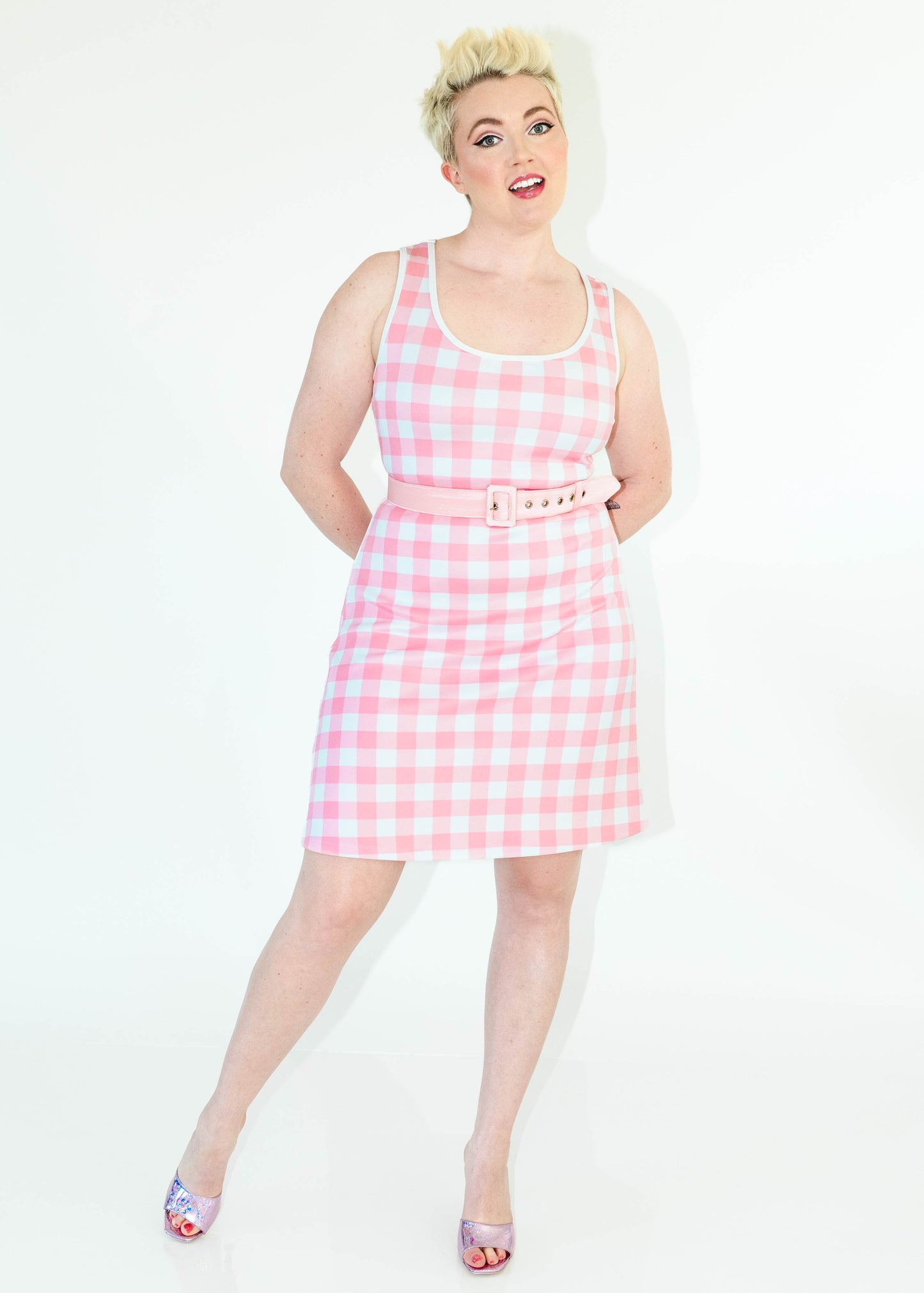 Scuba Knit Shift Dress- Pink Gingham Print
